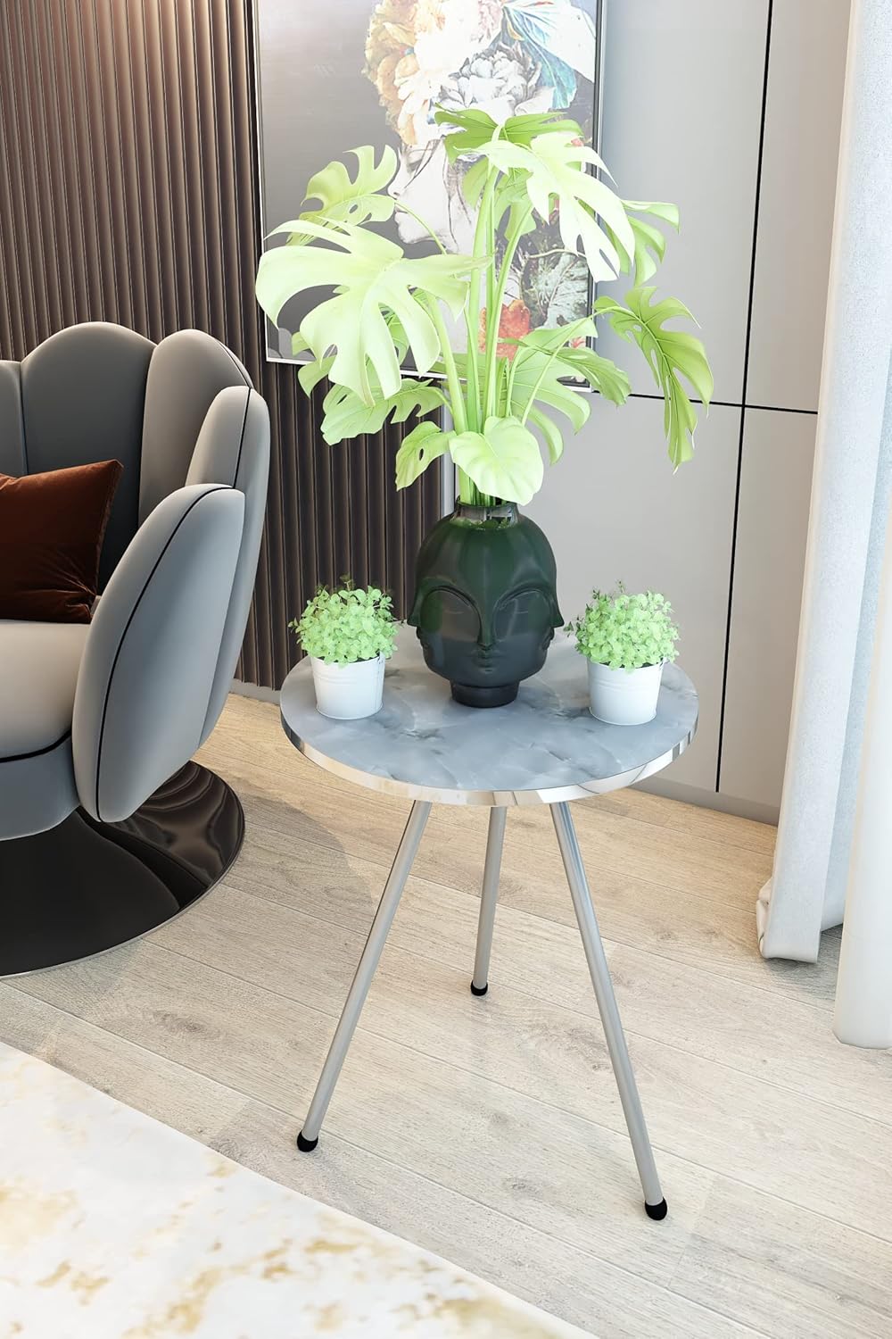 SUNRISE HOME DECOR – Juego de 2 mesas auxiliares redondas de madera con aspecto de mármol para espacios pequeños, mesita de noche, mesa de noche,