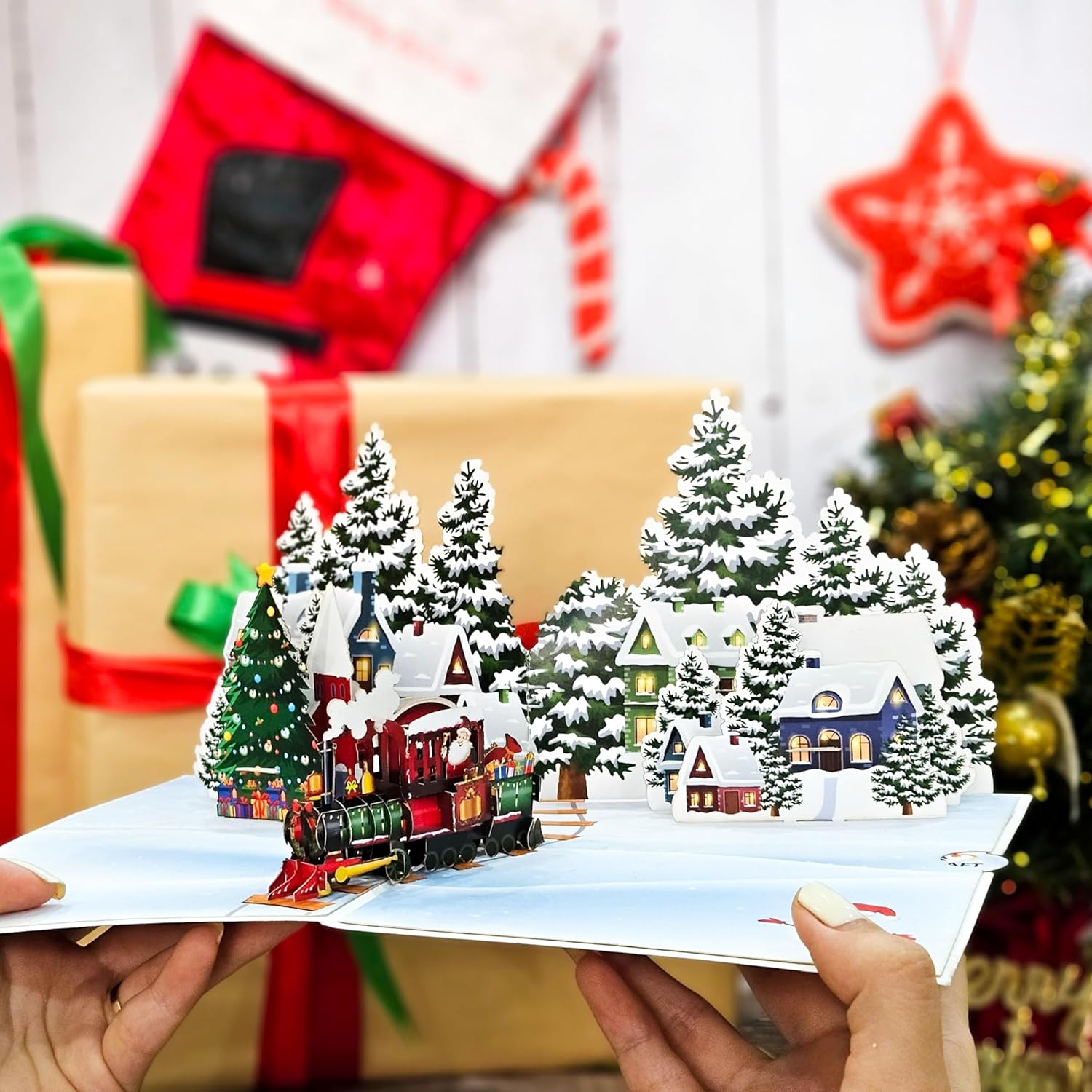 By 22CRAFT – Tarjetas de Navidad emergentes de 22 CRAFT en 3D, tarjetas de Navidad emergentes en 3D de Train Village, tarjeta de felicitación de