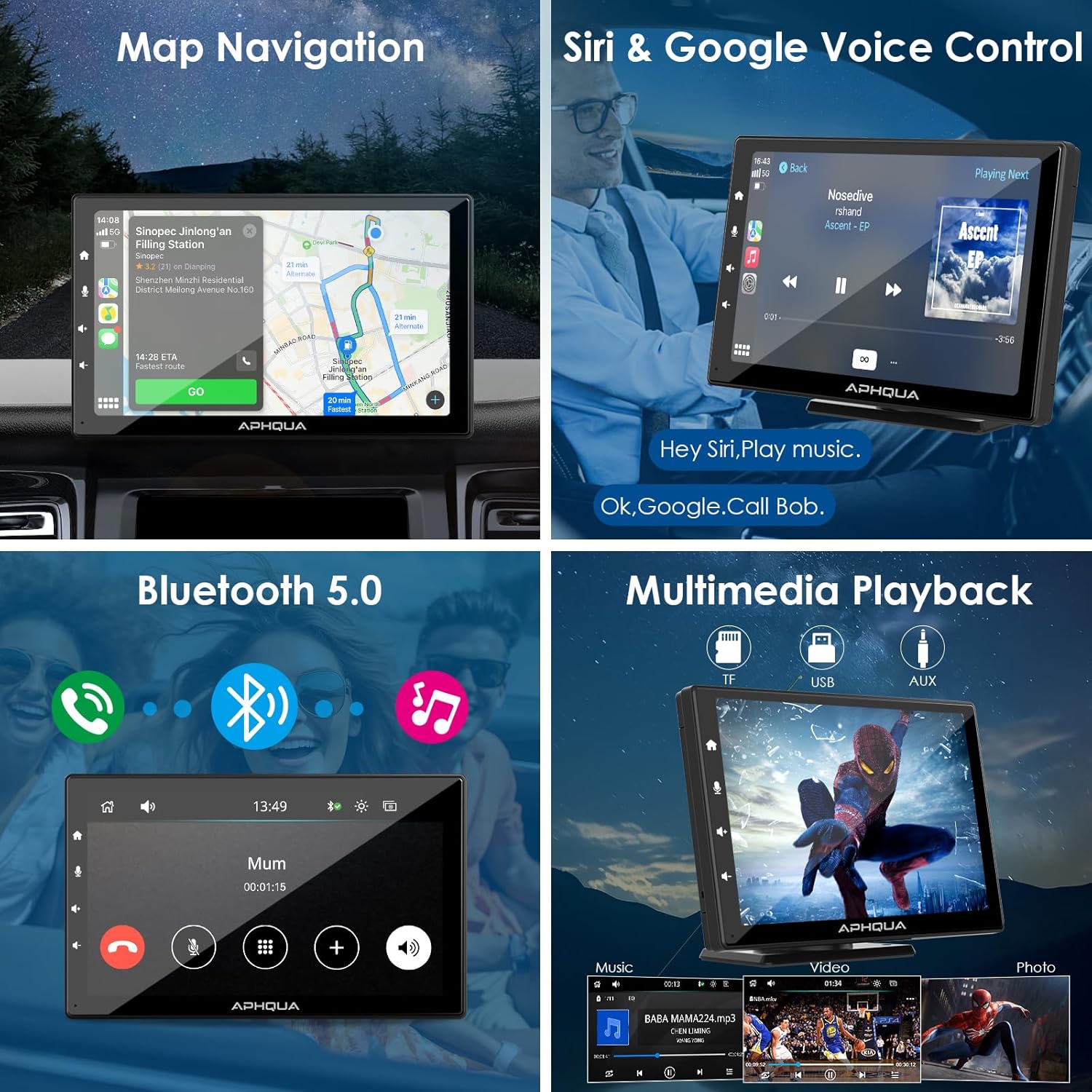 Actualización – La más reciente pantalla inalámbrica portátil Apple Carplay y Android Auto, pantalla Carplay con enlace de espejoAUXFM, pantalla