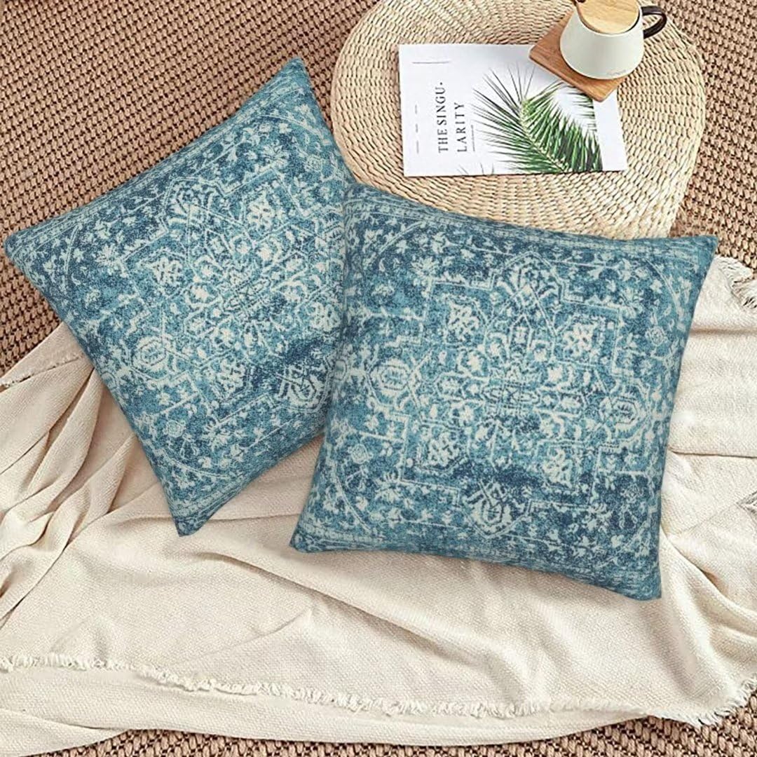 Juego de 2 fundas de almohada bohemias color verde azulado de 16 x 16 pulgadas, patrón de alfombra bohemia para exteriores, almohadas decorativas de