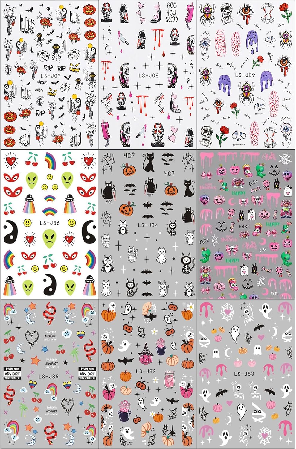 JMEOWIO 9 hojas de calcomanías de arte de uñas de Halloween, calcomanías autoadhesivas, uñas de terror, fantasma, bruja, telaraña, murciélago, gato,
