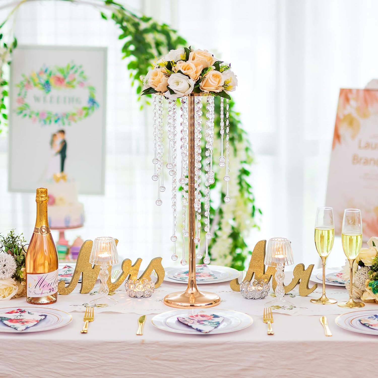 Jarrones altos para centros de mesa de boda, jarrón dorado de 21.7 pulgadas con cristal de araña, decoración de mesa de centro de mesa, soporte de