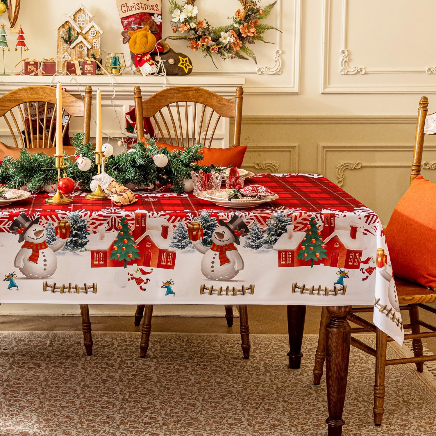 Softalker Mantel rectangular de Navidad  Mantel de poliéster lavable a cuadros rojos con diseño de copo de nieve y copo de nieve para comedor,