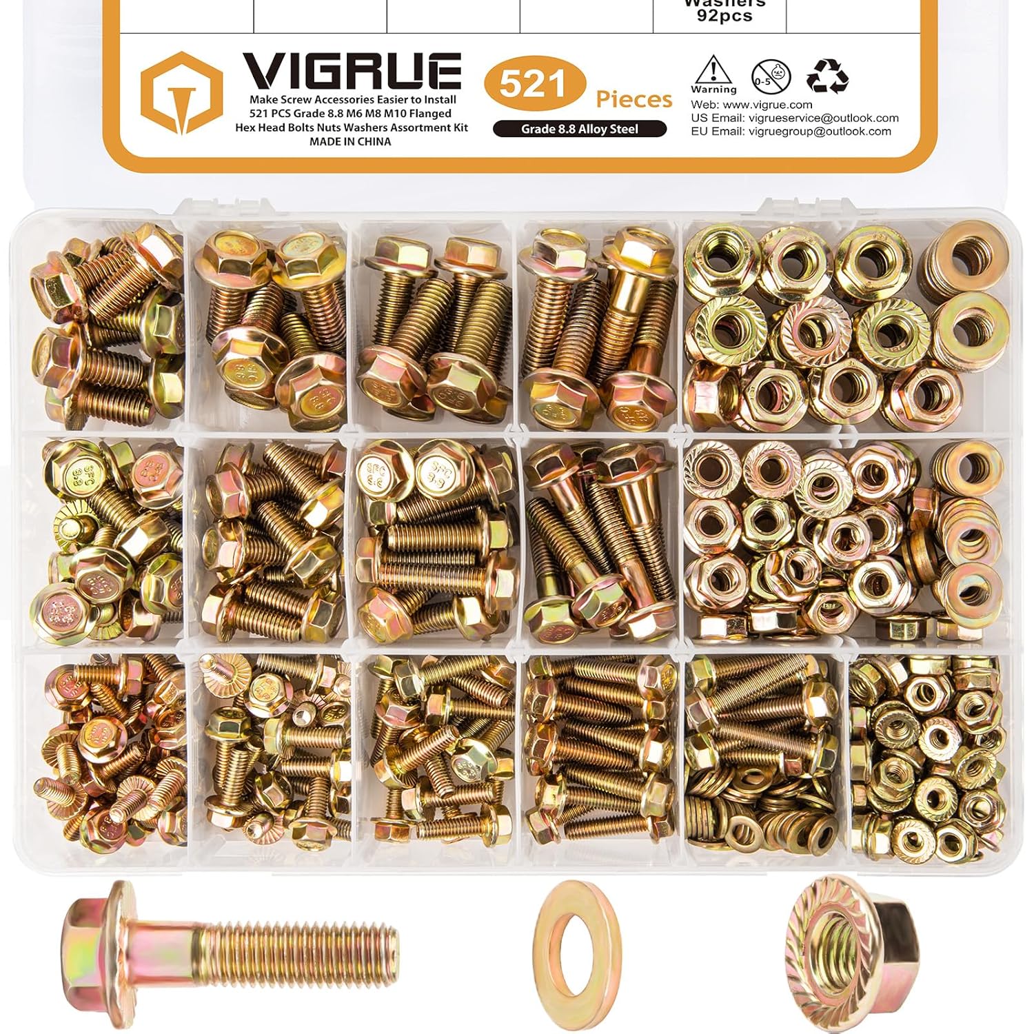 VIGRUE Juego surtido de 521 tornillos de brida M6 M8 M10, clase métrica 8.8, brida hexagonal dentada, tornillos hexagonales, tuercas de brida, juego