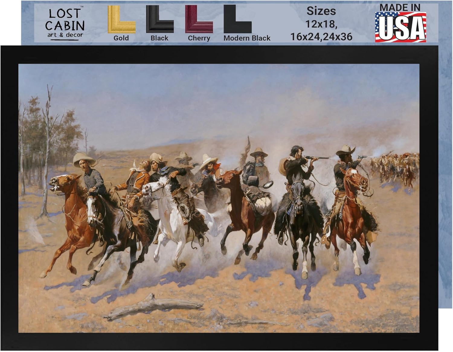 Lost Cabin A Dash for the Timber de Frederic Remington  Imprimir marco plano negro  Reproducción de pinturas de obras de arte finas  Póster