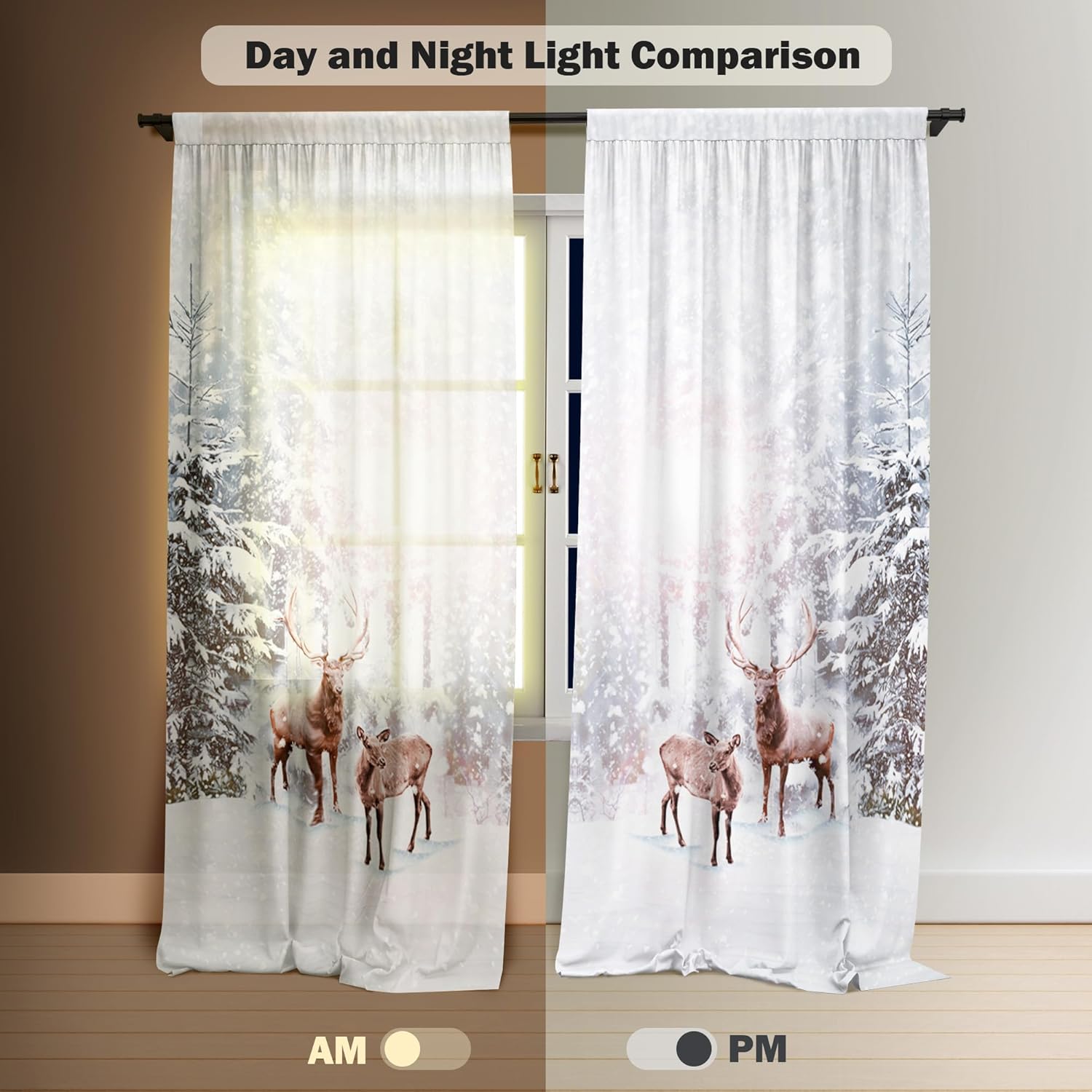 Cortina de ventana de bosque de invierno con estampado de Feliz Navidad, cortinas para sala de estar, fantasía, nevado, país de las maravillas,