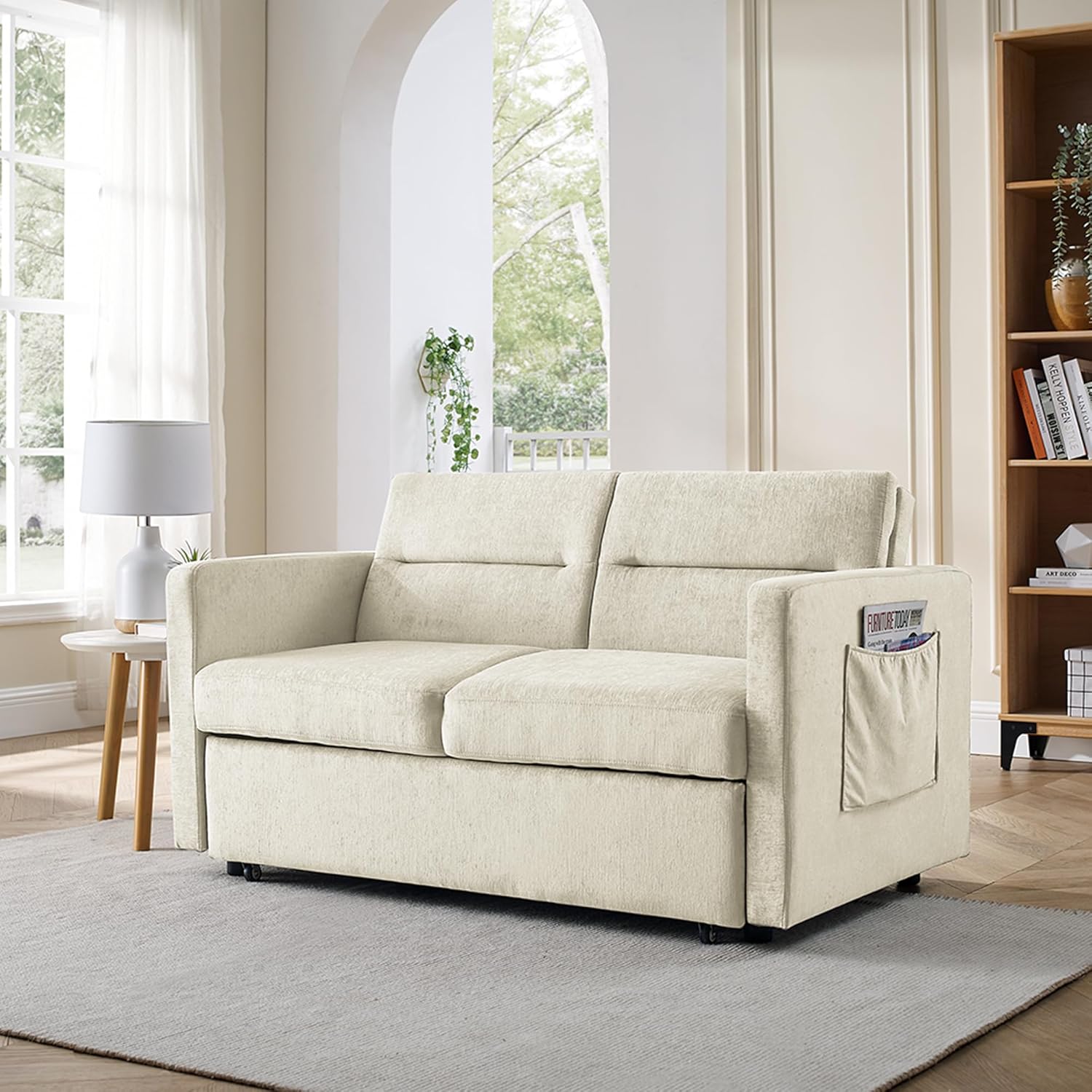 Yoglad Sofá cama convertible 3 en 1, futón biplaza con cama extraíble, respaldo ajustable y 2 almacenamientos, para espacios pequeños, sala de