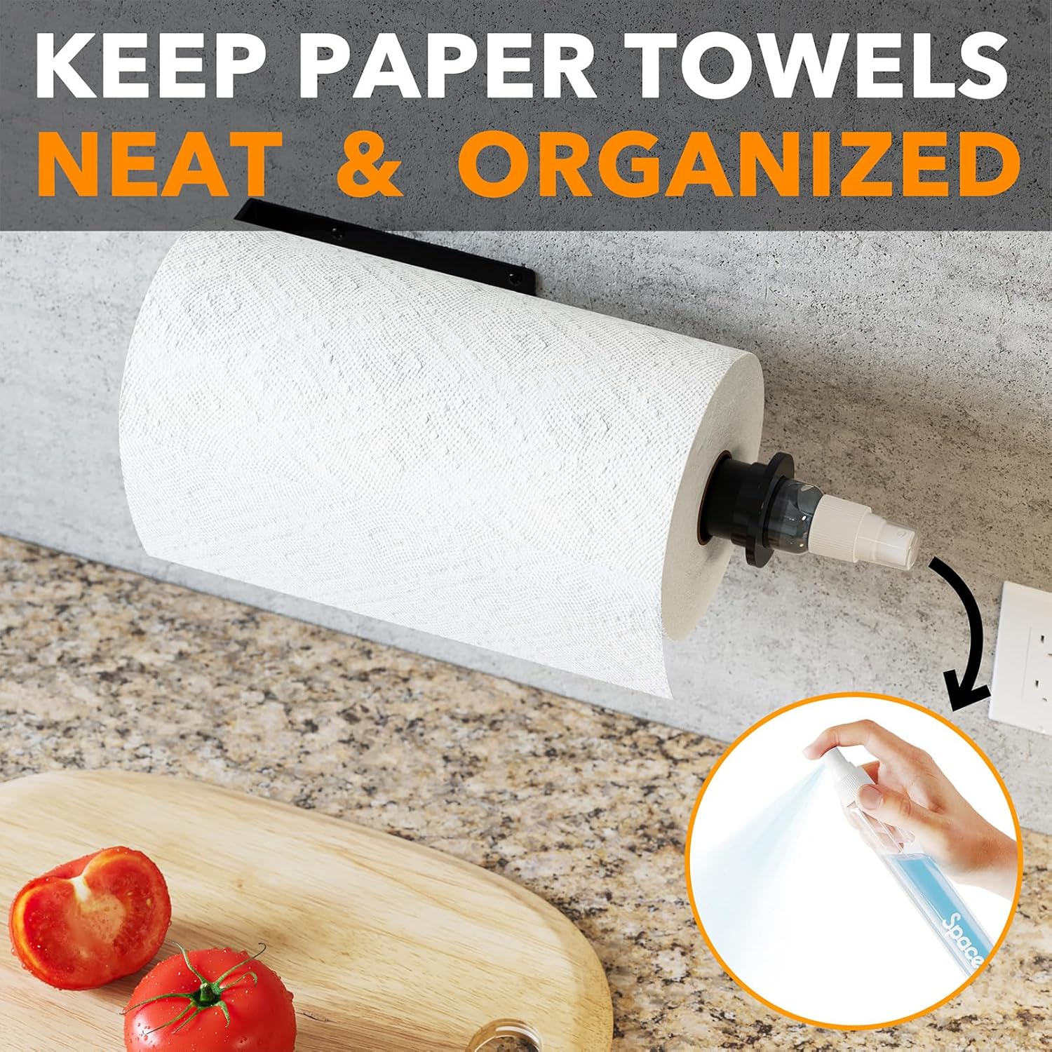 SpaceAid SprayNeat – Soporte para toallas de papel con botella de spray, soporte para toallas de papel debajo del gabinete con rociador en el centro