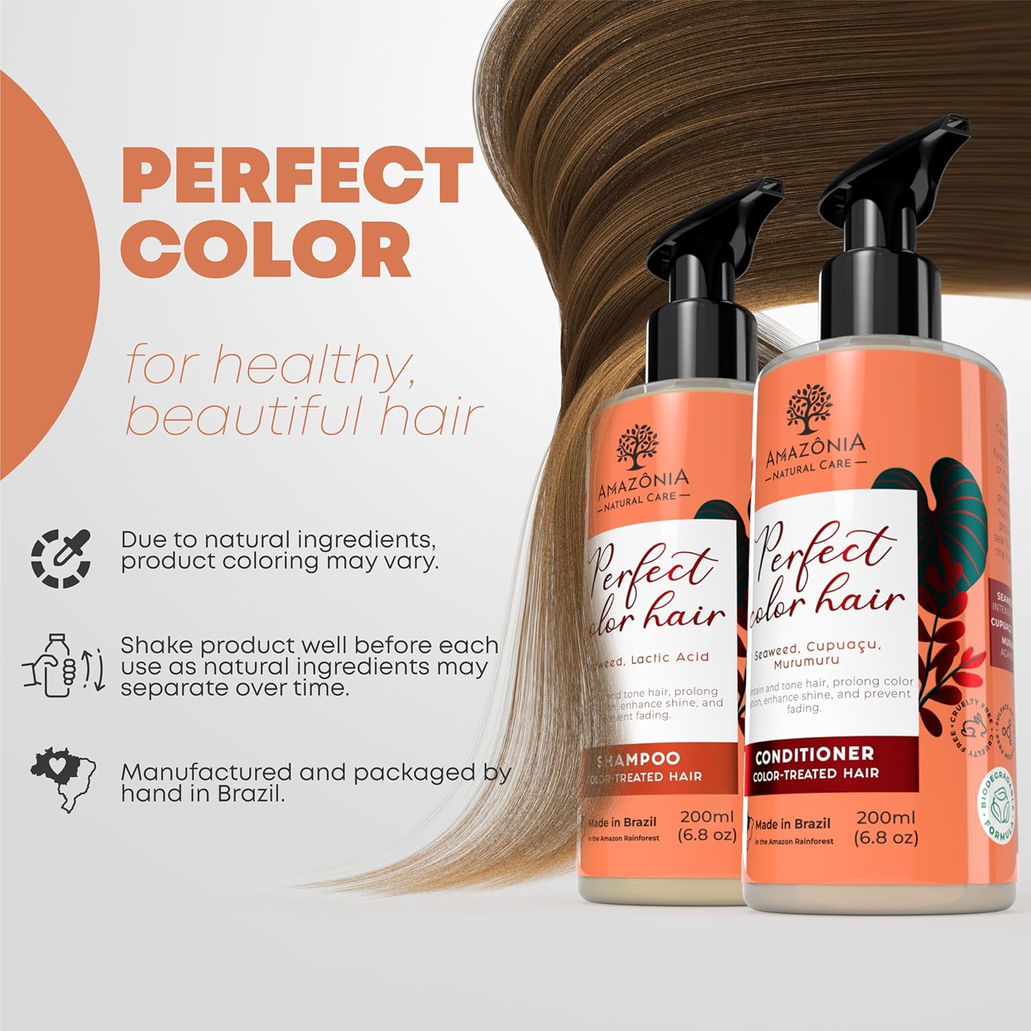 Champú y acondicionador de color natural para cabello tratado con algas marinas, ácido láctico, cupuacu y murumuru para evitar la decoloración e