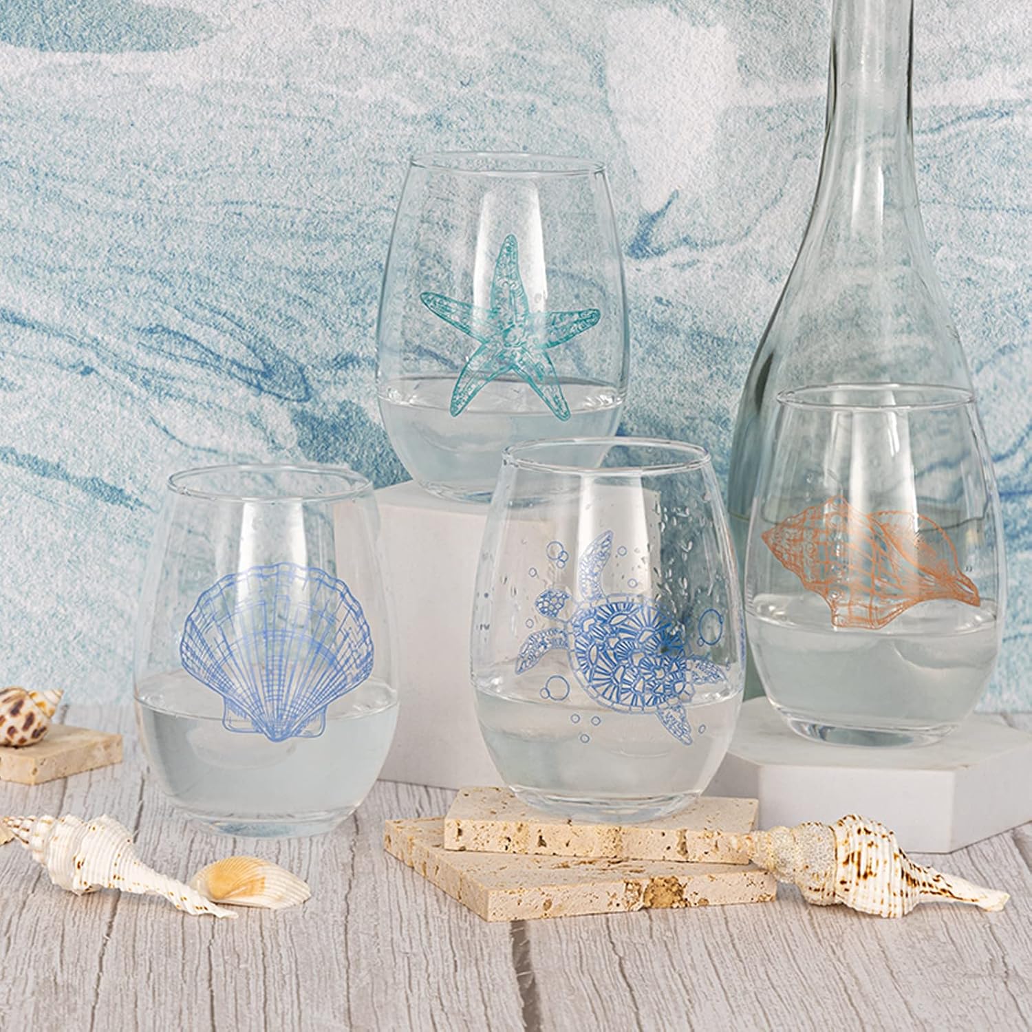 Copas de vino sin tallo con temática oceánica, juego de 4 cristalería de orilla del mar, tortuga marina, estrella de mar, conchas marinas, surtido
