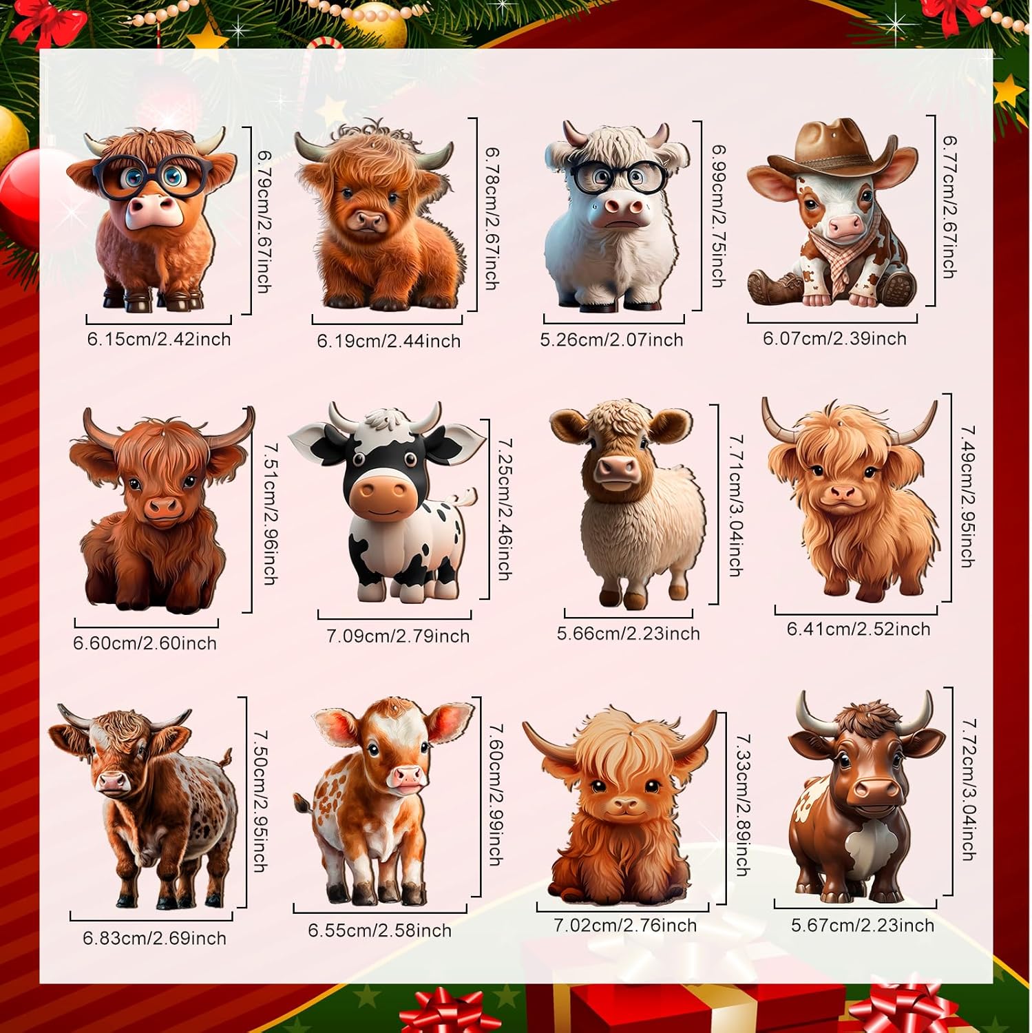 Wenqik 36 piezas de ornamento de madera de vaca de las tierras altas para árbol de dibujos animados lindo ganado decorativo colgante de madera de
