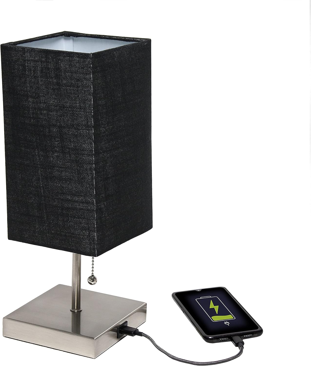Simple Designs LT1087-BLK – Lámpara de mesa con carga USB de níquel cepillado pequeño con interruptor de cadena, color negro