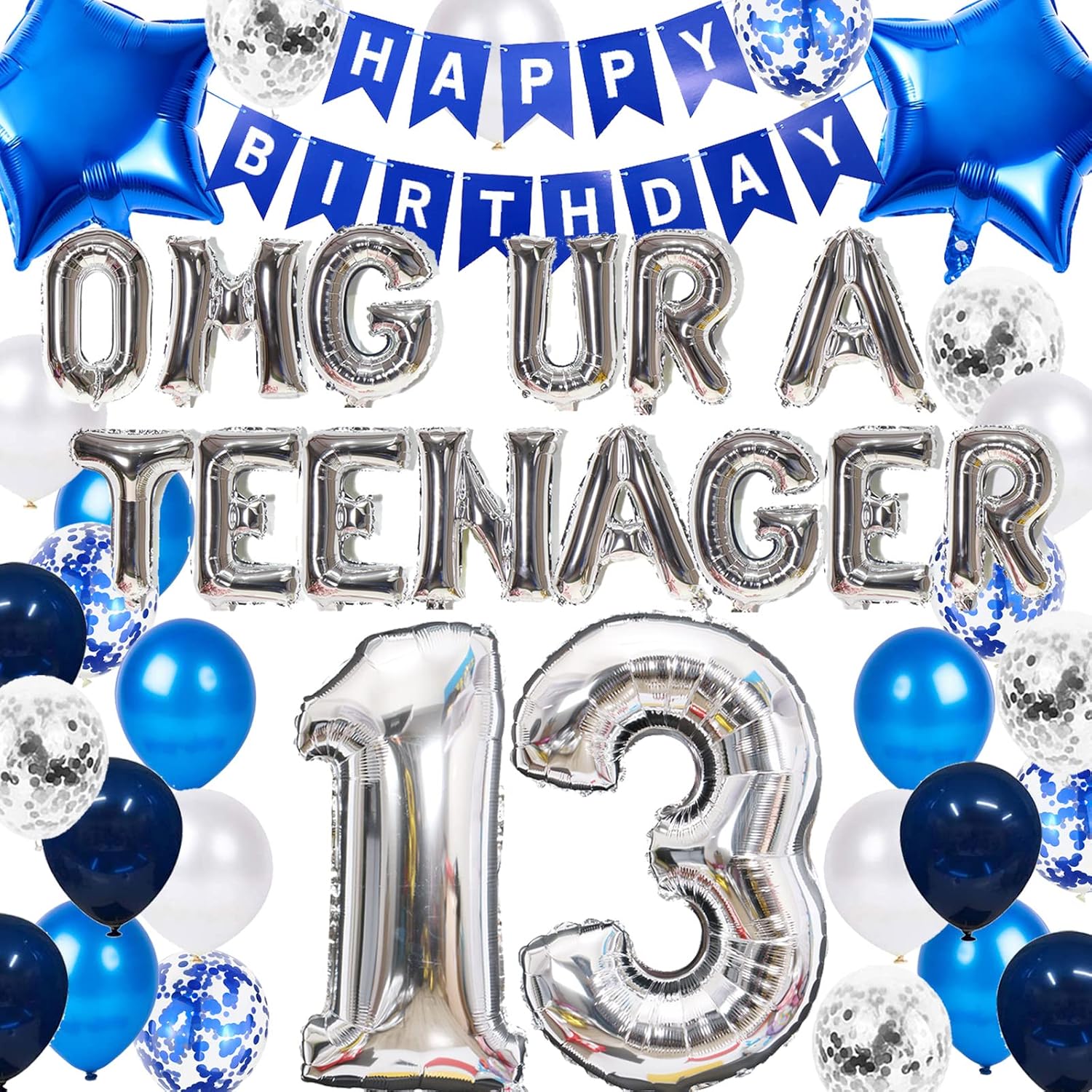 Decoraciones de cumpleaños número 13 azules para niños, decoración de cumpleaños de 13 años OMG UR A, pancarta azul de 13 cumpleaños número 13
