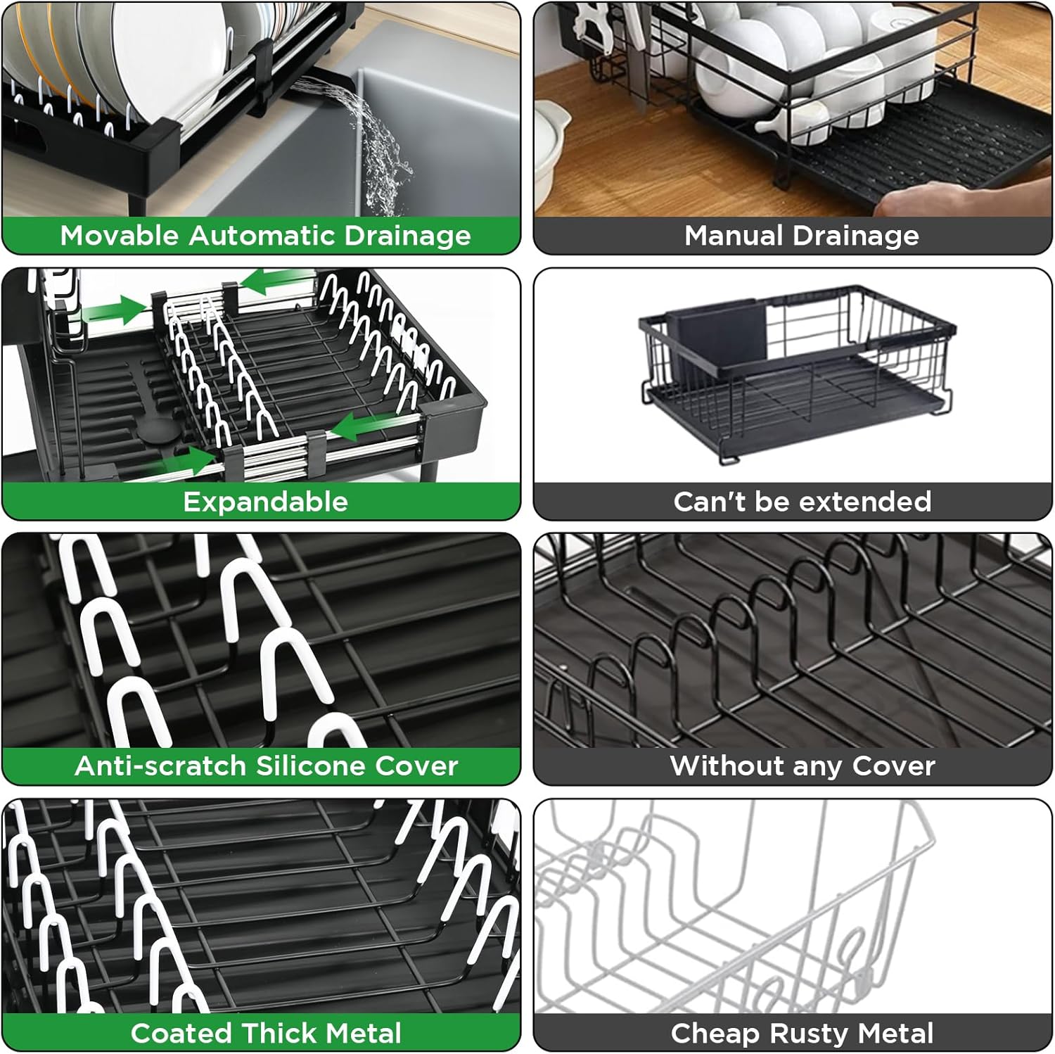 Ollieroo Escurridor de platos, resistente al óxido para encimera de cocina con soporte extraíble para utensilios, ranuras para cuchillos y soporte