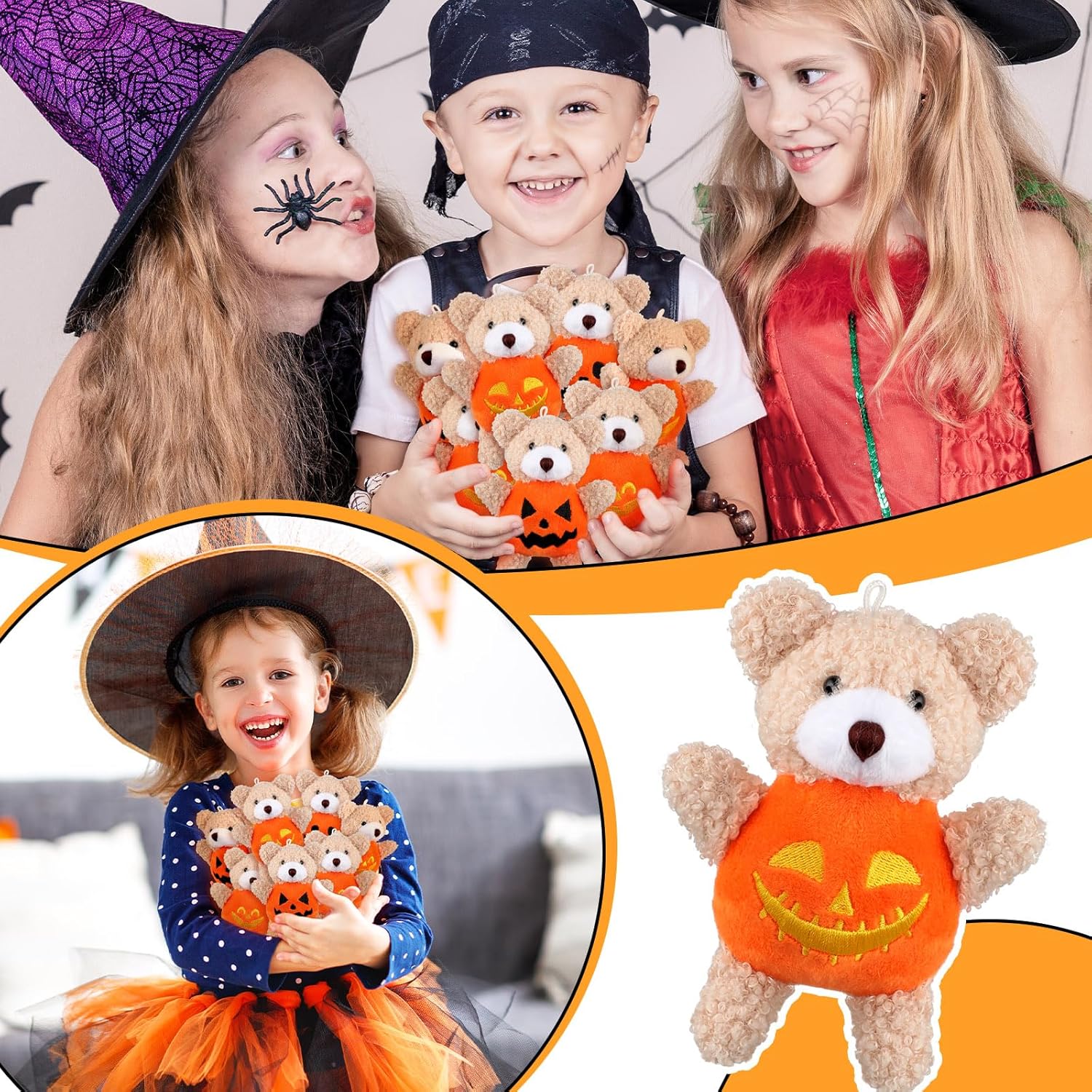 32 piezas de oso de peluche de Halloween con disfraz de calabaza de 4.7 pulgadas, mini oso de peluche con cuerda para colgar, muñeca de oso suave,