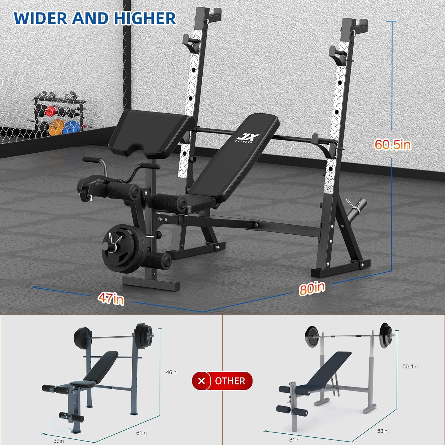 JX FITNESS Banco de pesas olímpico con almohadilla de rizo y revelador de piernas, prensa de banco de entrenamiento multifunción para levantamiento