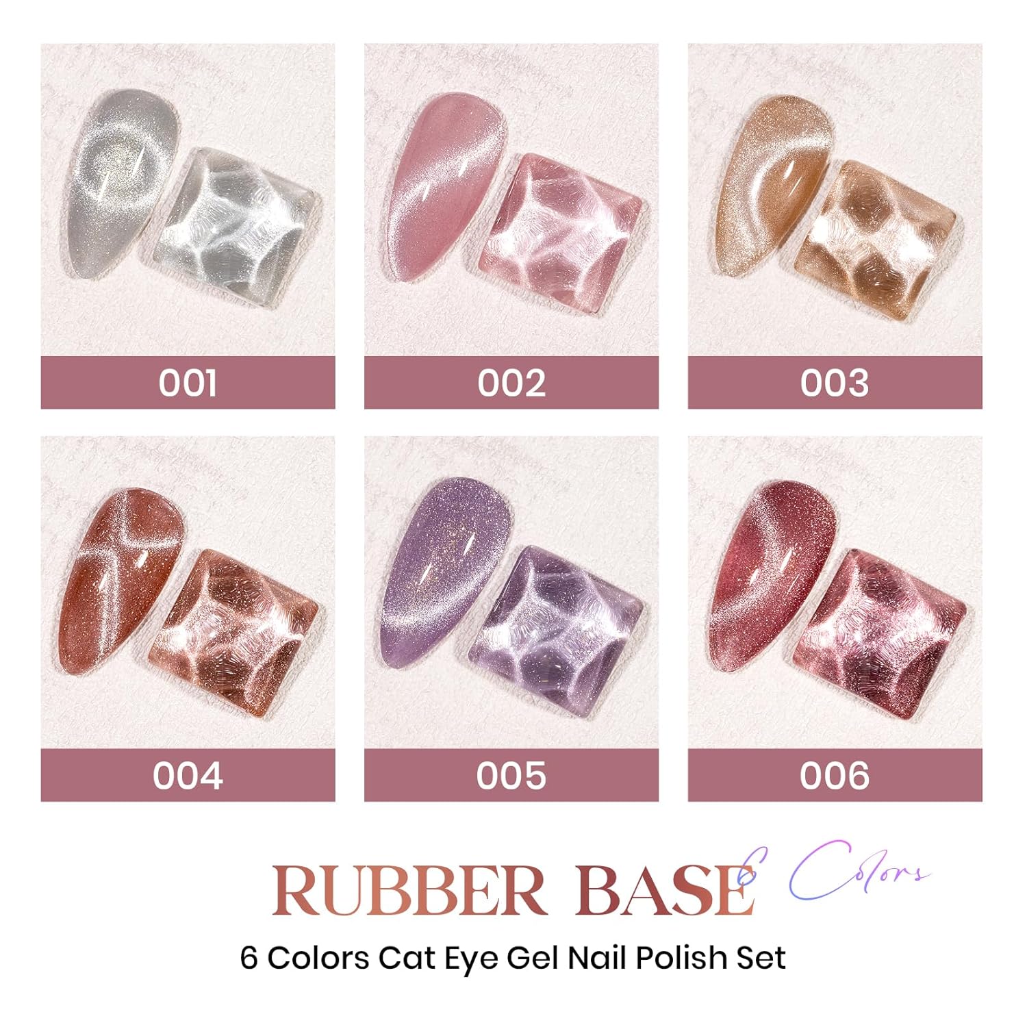 MIZHSE Gel base de goma 3 en 1 para uñas, juego de esmalte de gel magnético de ojo de gato, 6 colores de 0.3 fl oz con purpurina holográfica con 2