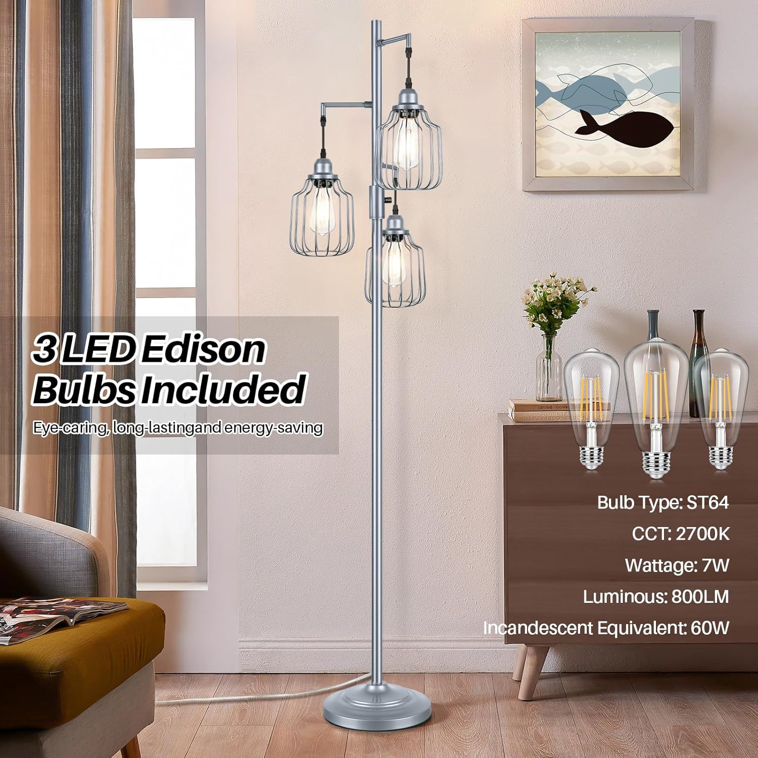 Lámpara de pie con 3 bombillas LED de edición, lámpara de pie alta de granja para sala de estar, regulable industrial rústico gris, árbol brillante,
