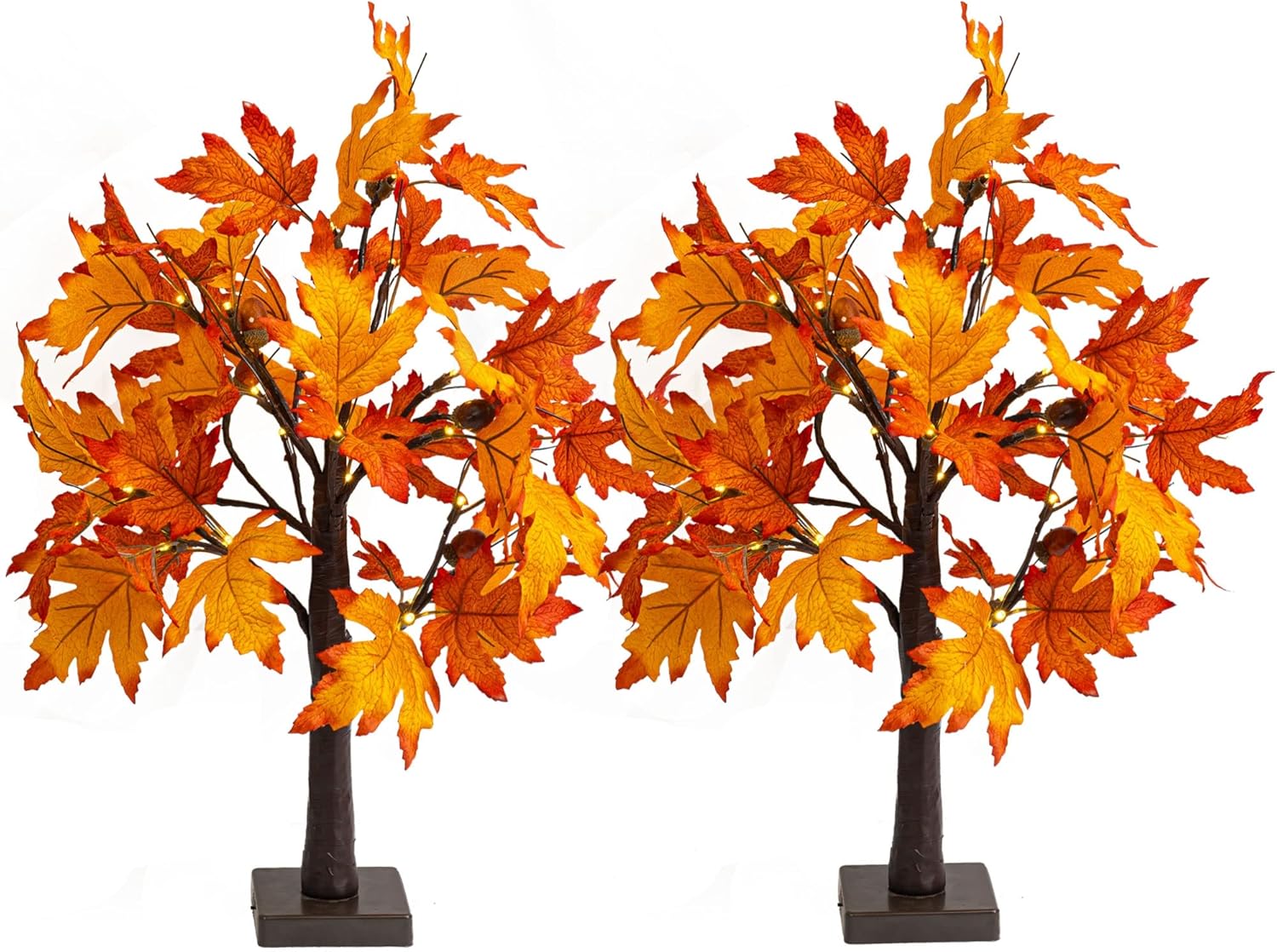 Dazzle Bright Paquete de 2 decoraciones de árbol de arce de otoño iluminadas de 24 pulgadas, 24 luces LED, funciona con pilas, árbol artificial con