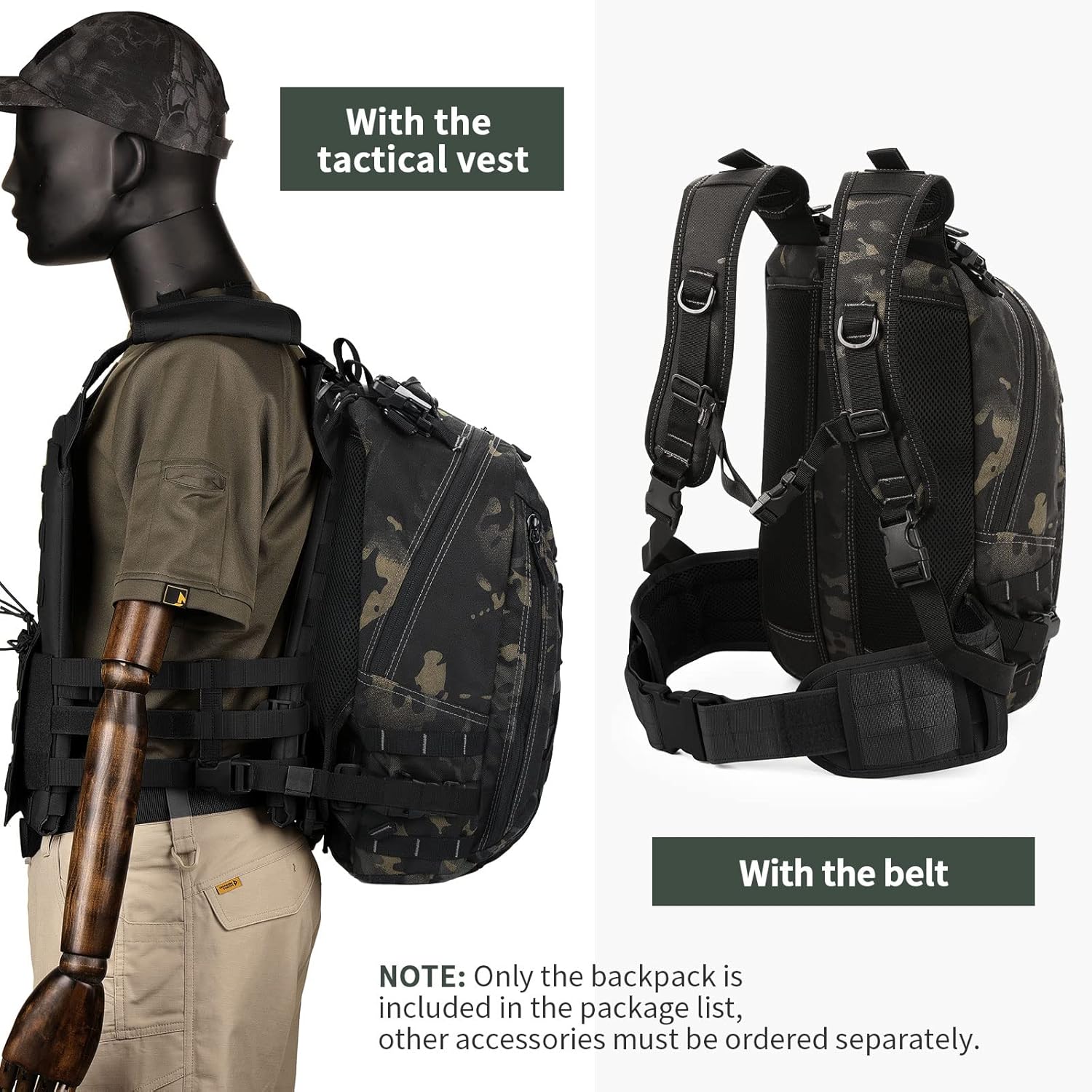HUNTVP Mochila militar MOLLE para caza, mochila táctica Backpck Assault Pack se puede fijar con el chaleco y el cinturón, Camo Negro, Mochilas de