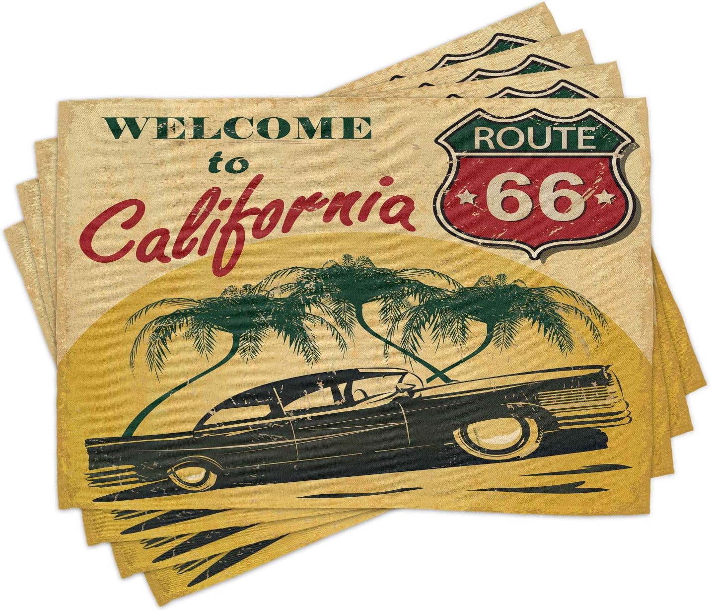 Ambesonne Juego de 4 manteles individuales retro, diseño de bienvenida a California, asiento publicitario de Hollywood con estampado de arte pop,