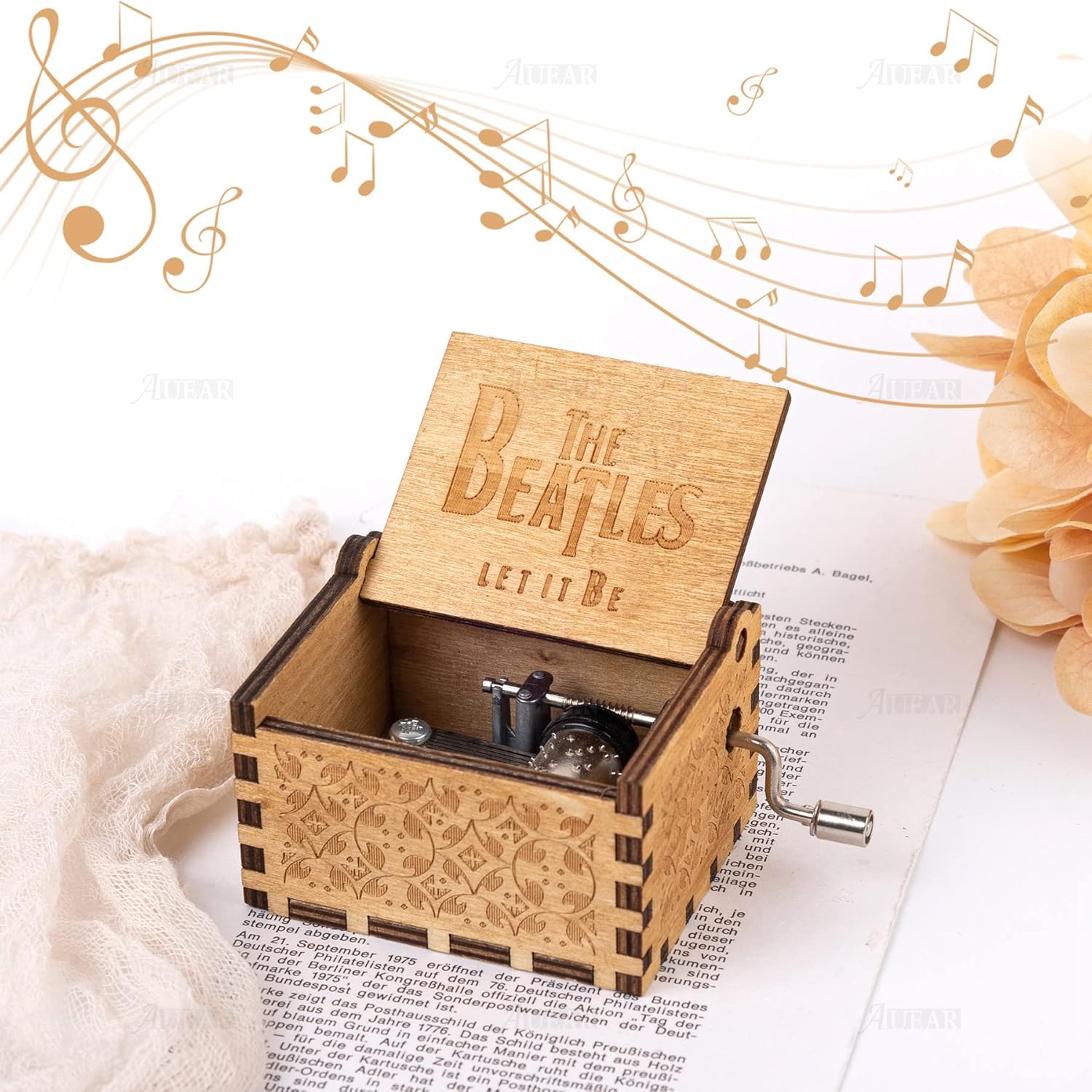 AUEAR, Caja de música de madera Let It Be con manivela grabada con láser, caja musical vintage, caja musical pequeña, regalo único para cumpleaños,