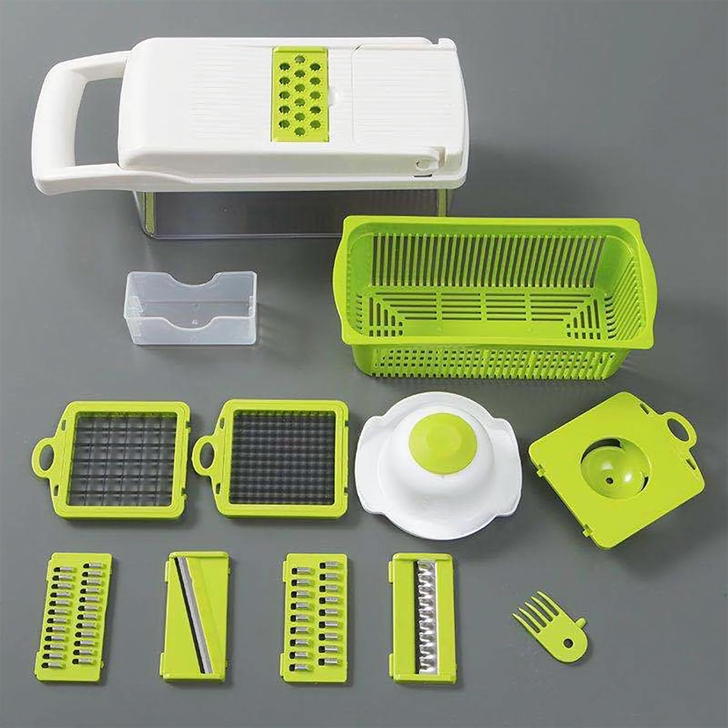 Cortador de verduras definitivo picador multifuncional 14 en 1 con recipiente, rebanar, cortar en dados, espiralizar y rallar para una fácil