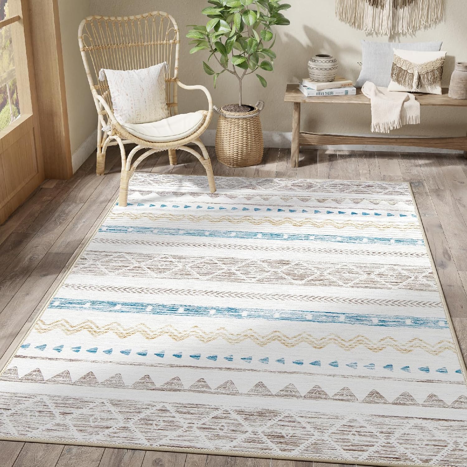 jinchan Alfombra de área ultrafina, lavable, marroquí, bohemia, antideslizante, no desprende pelusa, para sala de estar, dormitorio, oficina en