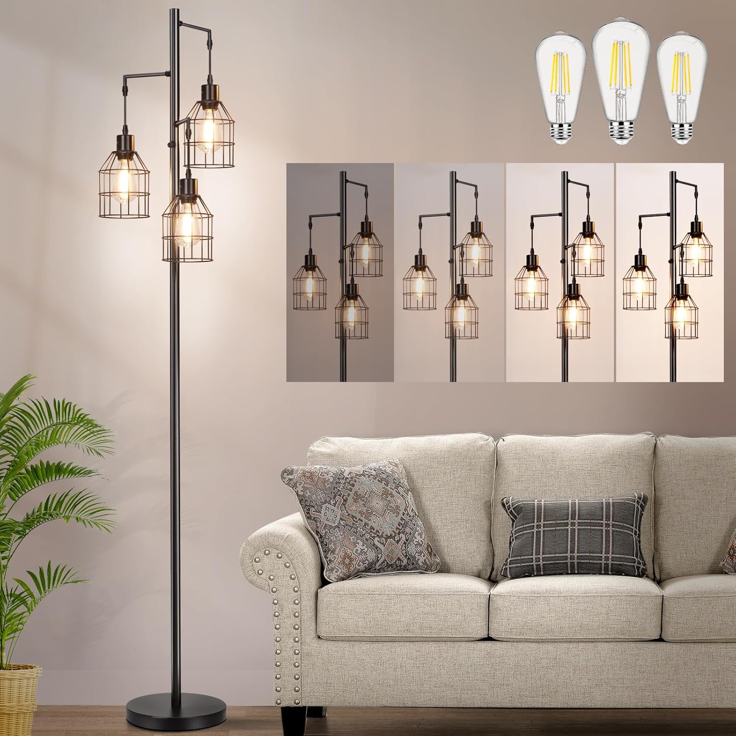 Sucolite Lámpara de pie regulable de 69 pulgadas para sala de estar, lámpara de pie industrial de árbol de 3 luces, color negro con jaulas, lámpara