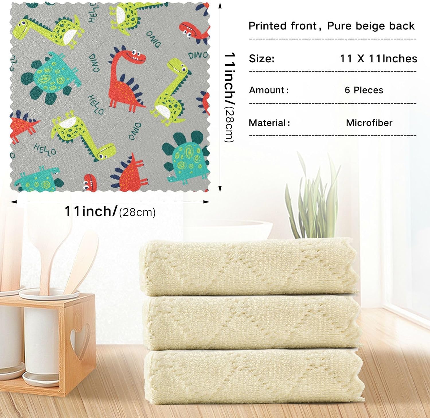 Cute Dinosaur Colorful Soft Print Kitchen Microfiber Towels Absorbent 6 Pack Cooking Towels for Restaurant Table