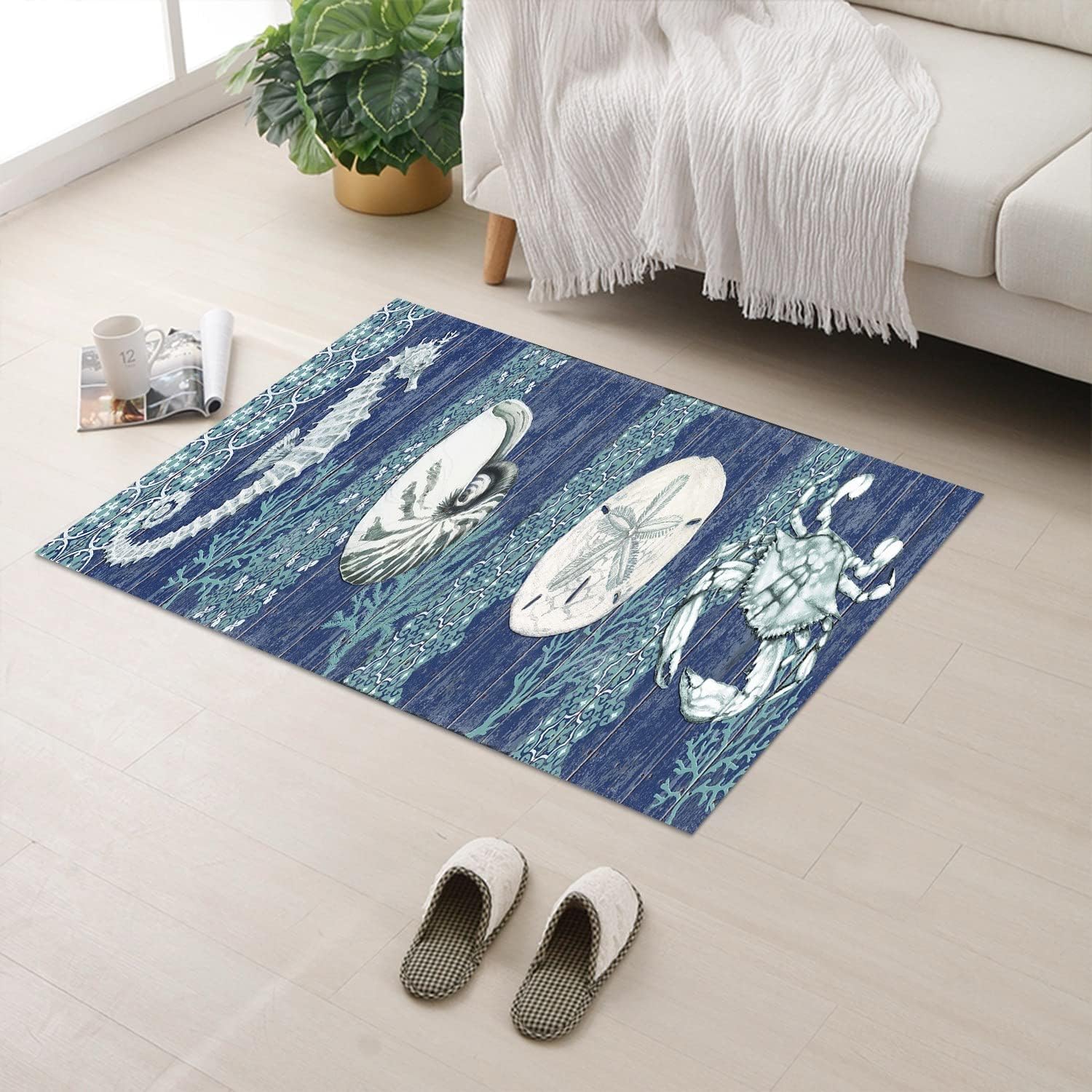 GUBIYU Alfombra rústica costera, alfombra de área de playa con océano, color azul marino, tapete para baño, tapete antideslizante para sala de