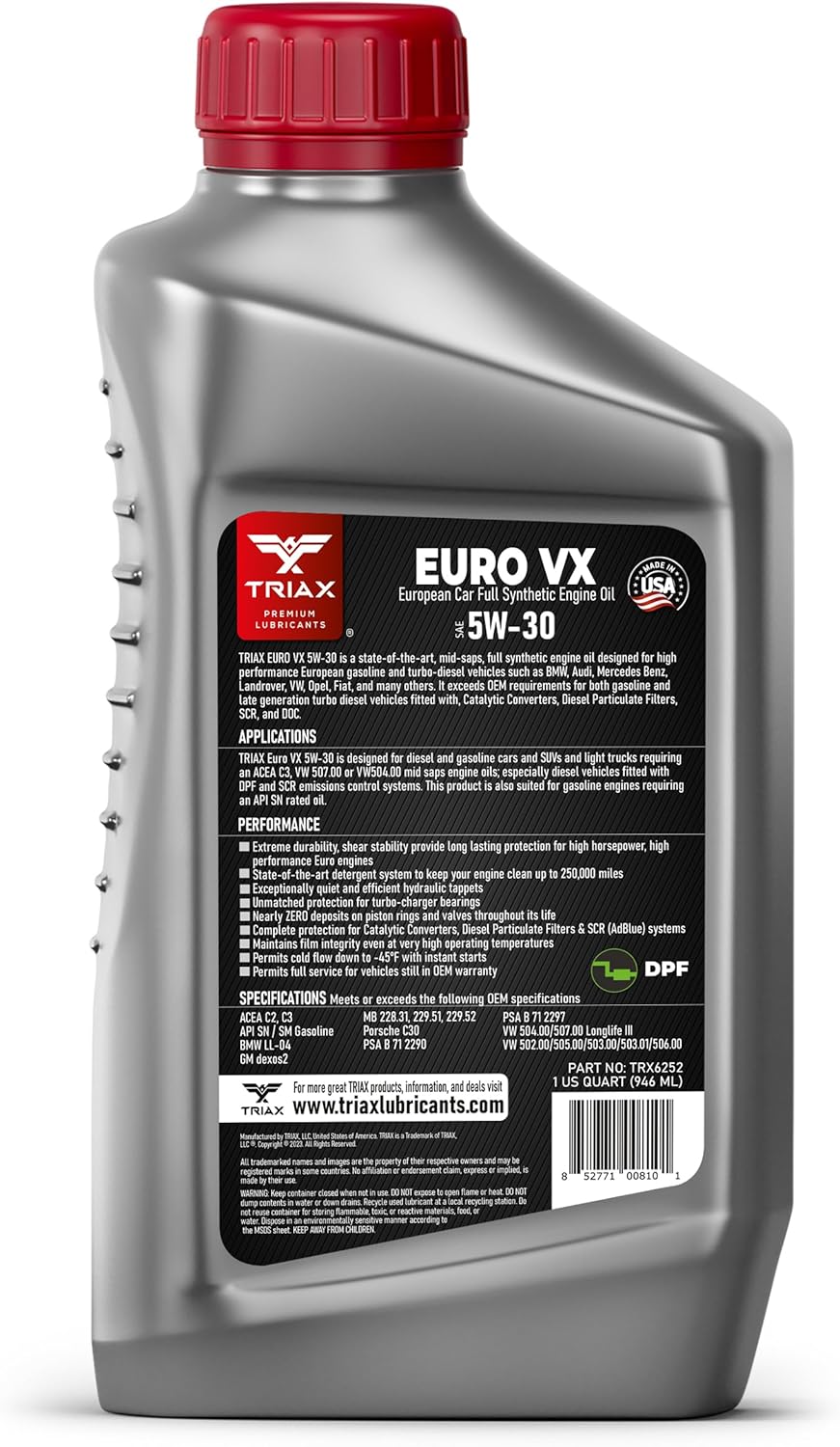 TRIAX Euro VX 5W-30 Full Synthetic Ester, compatible con VW 507.00504.00, VW Audi 502.00, 505.01, BMW LL-04, Porsche C30, ACEA C3, Mercedes 229.51,