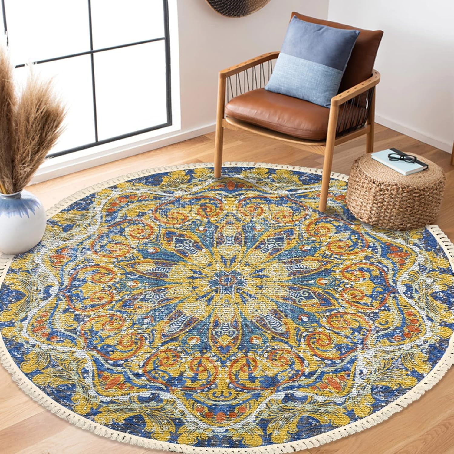 Lacomfy Alfombra bohemia redonda de 5 pies antideslizante para dormitorio, alfombra de casa de campo, con mandala, para sala de estar, vestuario,