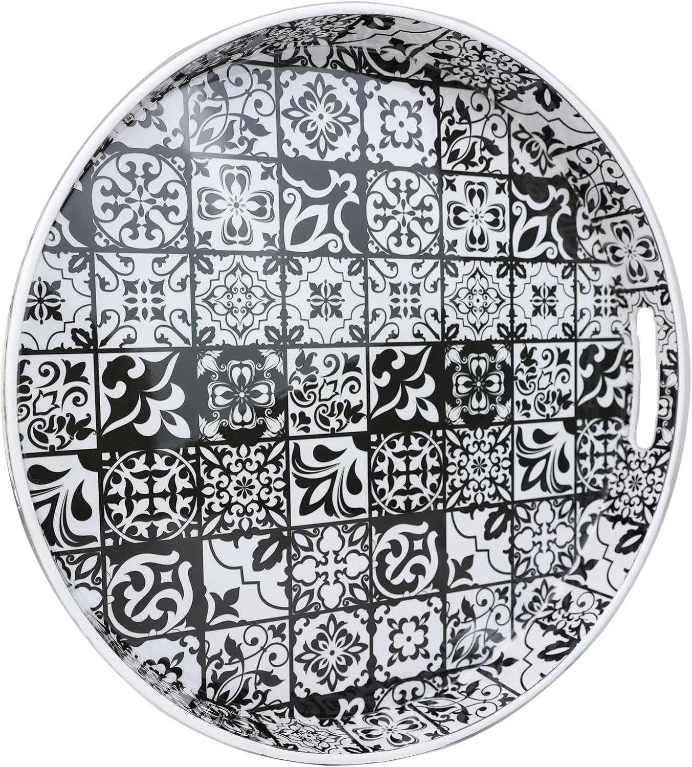 Spsyrine Bandejas redondas de plástico bohemias de 13 pulgadas con asas para sala de estar, mesa auxiliar, otomana, baño, cocina