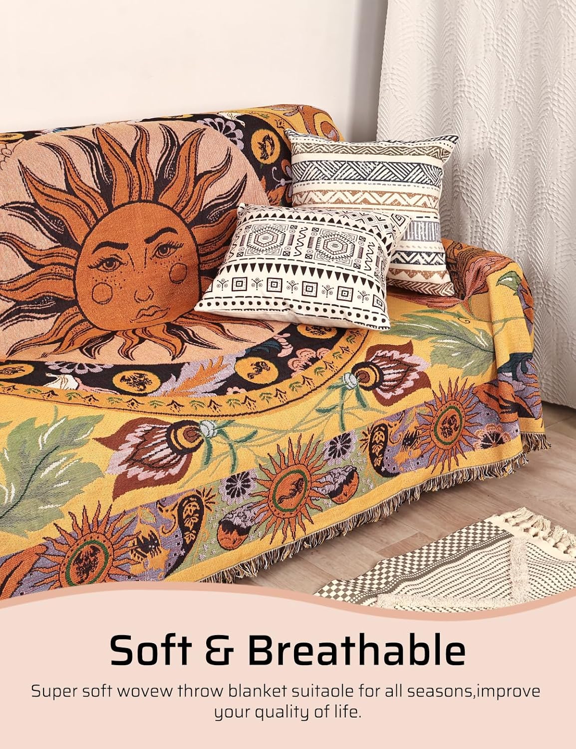 Shesyuki Manta bohemia para cama, sofá, reversible, de algodón, bohemio, para viajes, bohemio, manta de muselina mexicana, tapiz hippie para