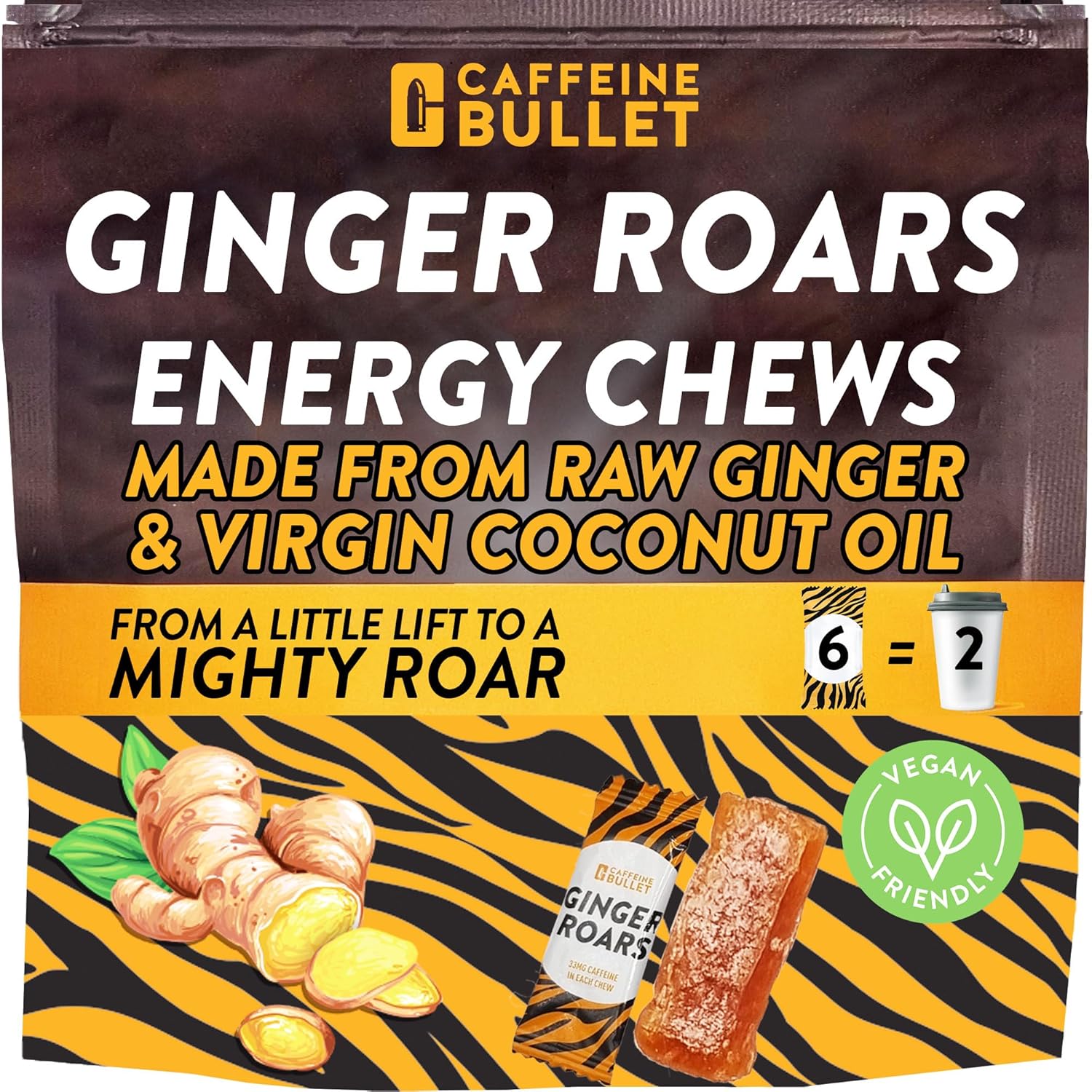 Ginger Roars – Masticables con cafeína y jengibre, 36 caramelos de cafeína cada uno de 33 mg de cafeína con un delicioso sabor natural de miel y