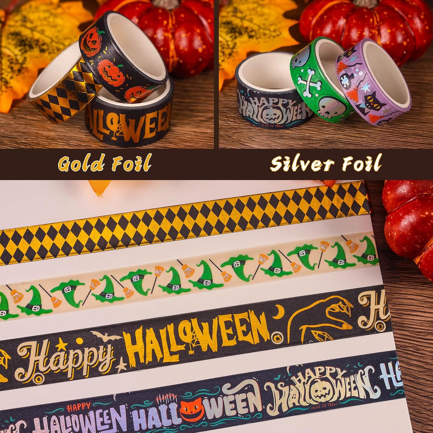 AEBORN Juego de cintas Washi de Halloween, 16 rollos de cintas decorativas de lámina dorada con gato, calabaza, fantasma, bruja, perfecto para
