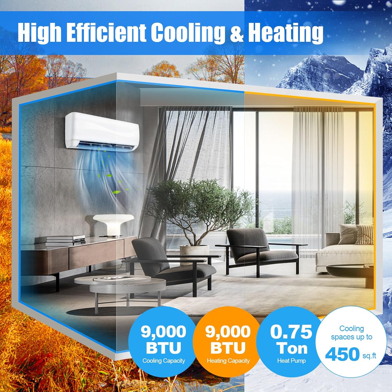 RELAX4LIFE Mini sistema de aire acondicionado divididocalefacción, 9000 BTU sin conductos Mini Split Aire acondicionado con bomba de calor, control
