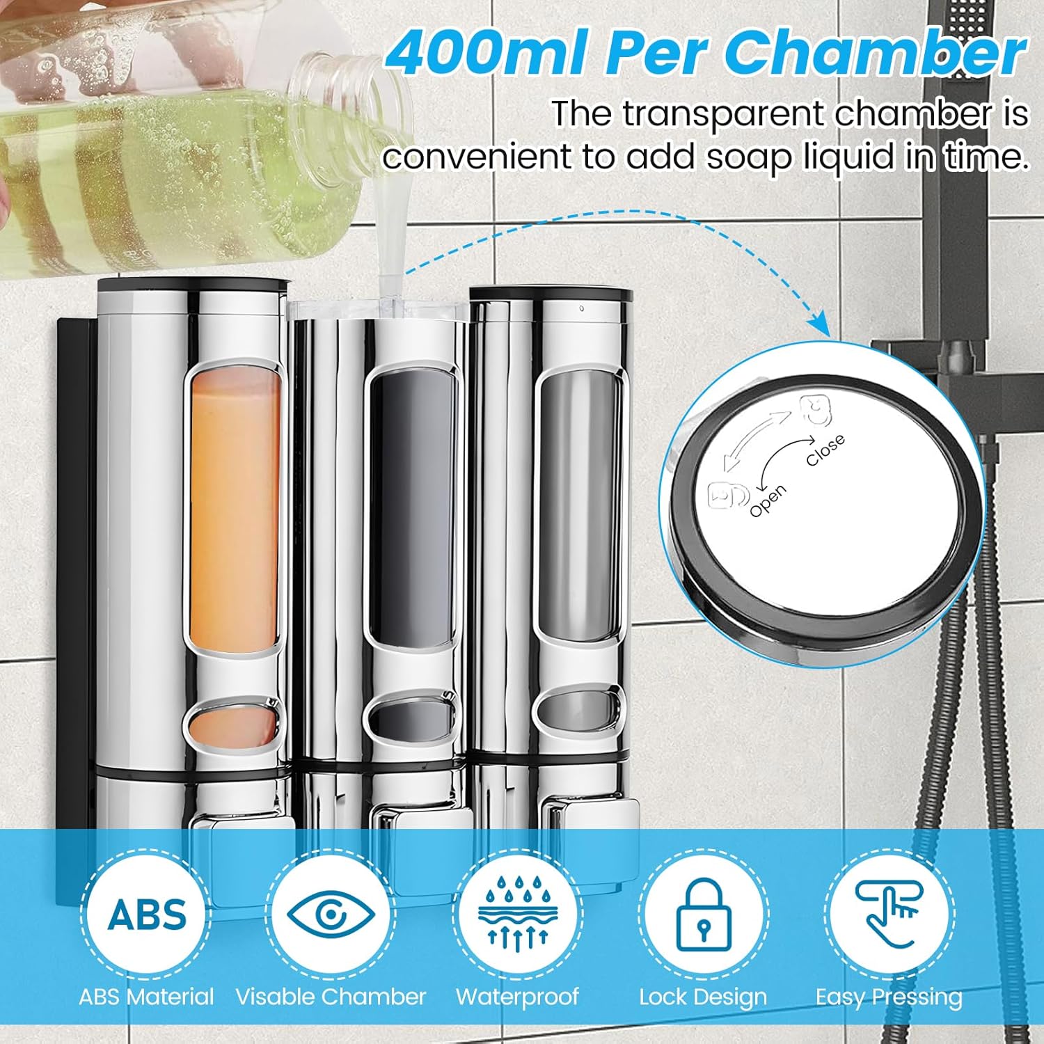 3 dispensadores de jabón de champú para ducha montados en la pared, 13.5 fl oz x 3 dispensadores de champú sin taladro, dispensador de bomba de