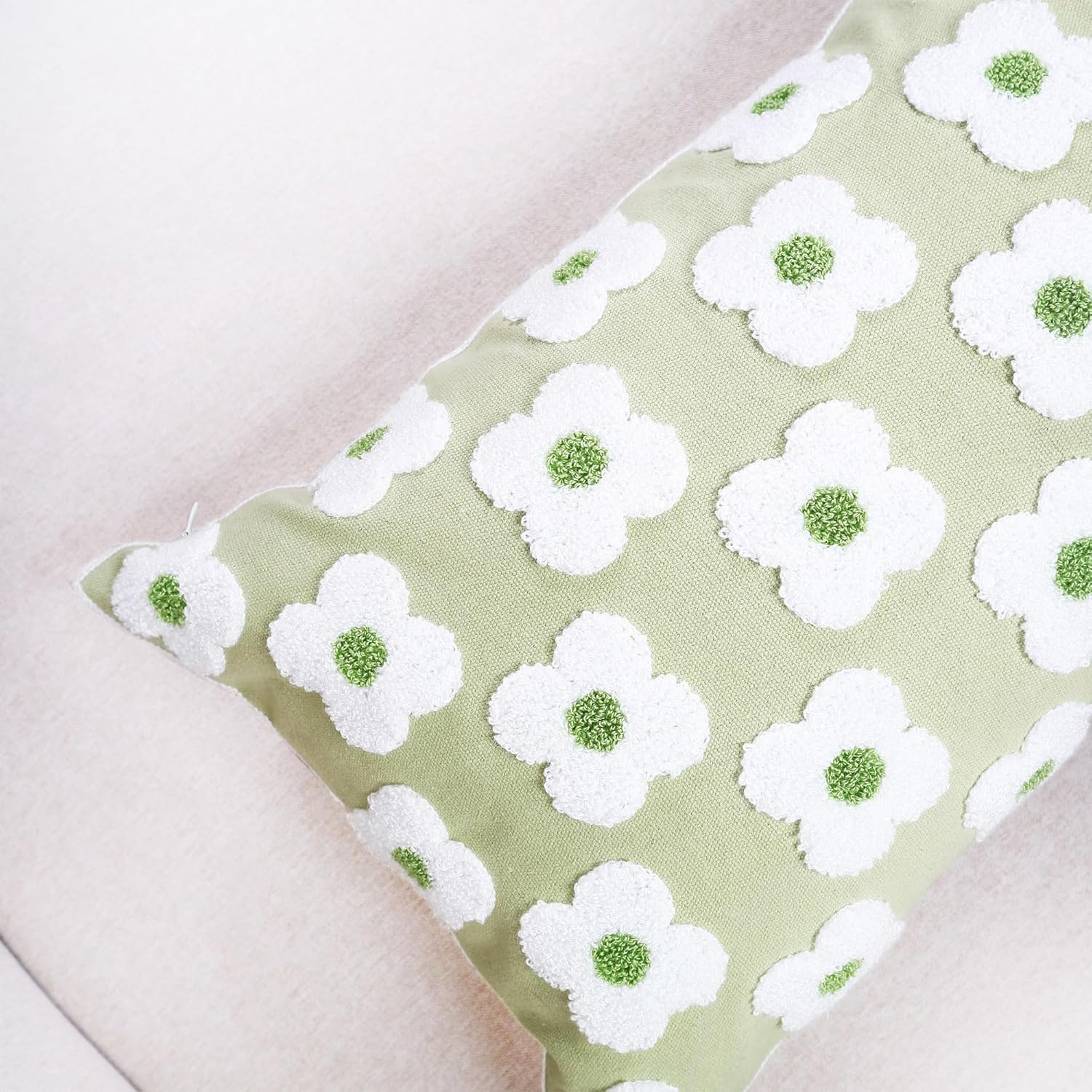 Funda de almohada bordada de 12 x 20 pulgadas, diseño floral verde claro, decoración del hogar, funda de almohada bordada de lona de algodón gruesa