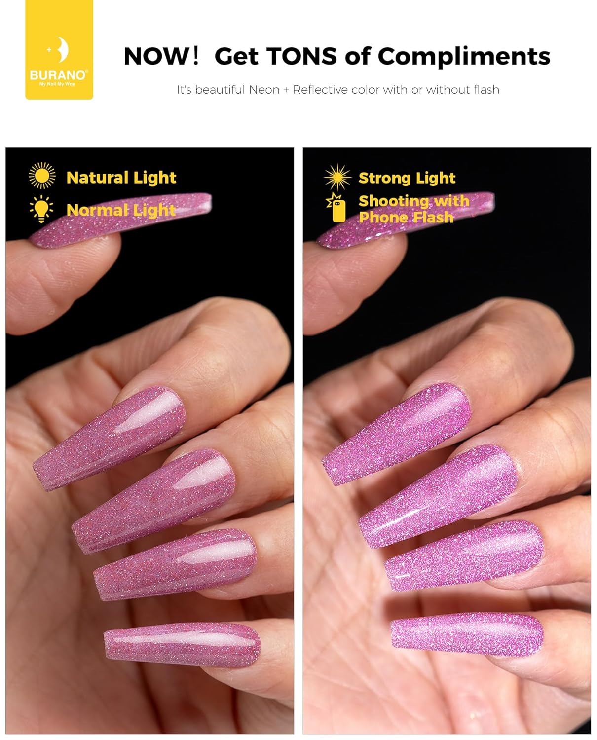 BURANO Esmalte de uñas de gel reflectante, esmalte de gel reflectante con purpurina de diamante de 0.2 fl oz, esmalte de gel de color brillante,