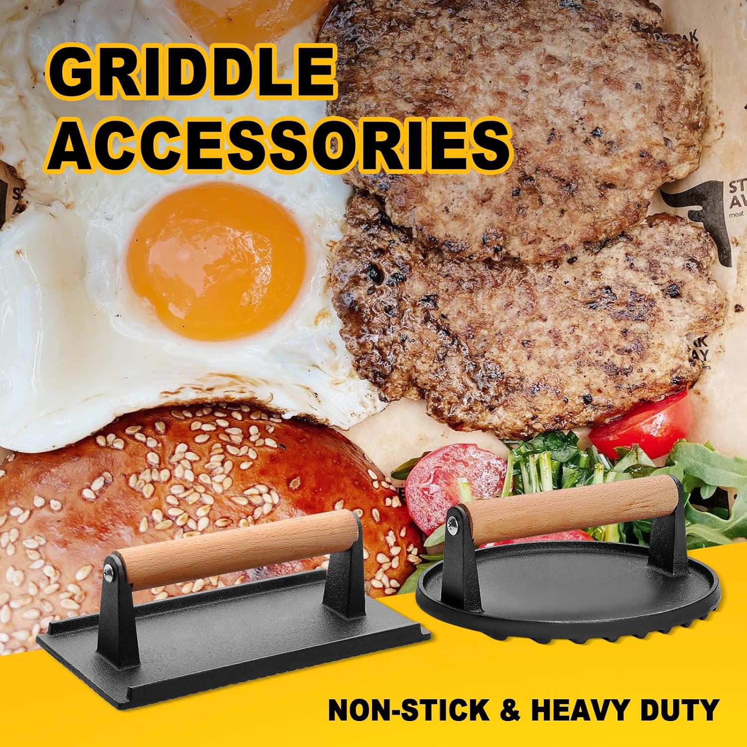 Prensa de hamburguesas para plancha Blackstone, redonda de 6.8 pulgadas y 8.2 x 4.2 pulgadas, rectangular de hierro fundido resistente, para carne y