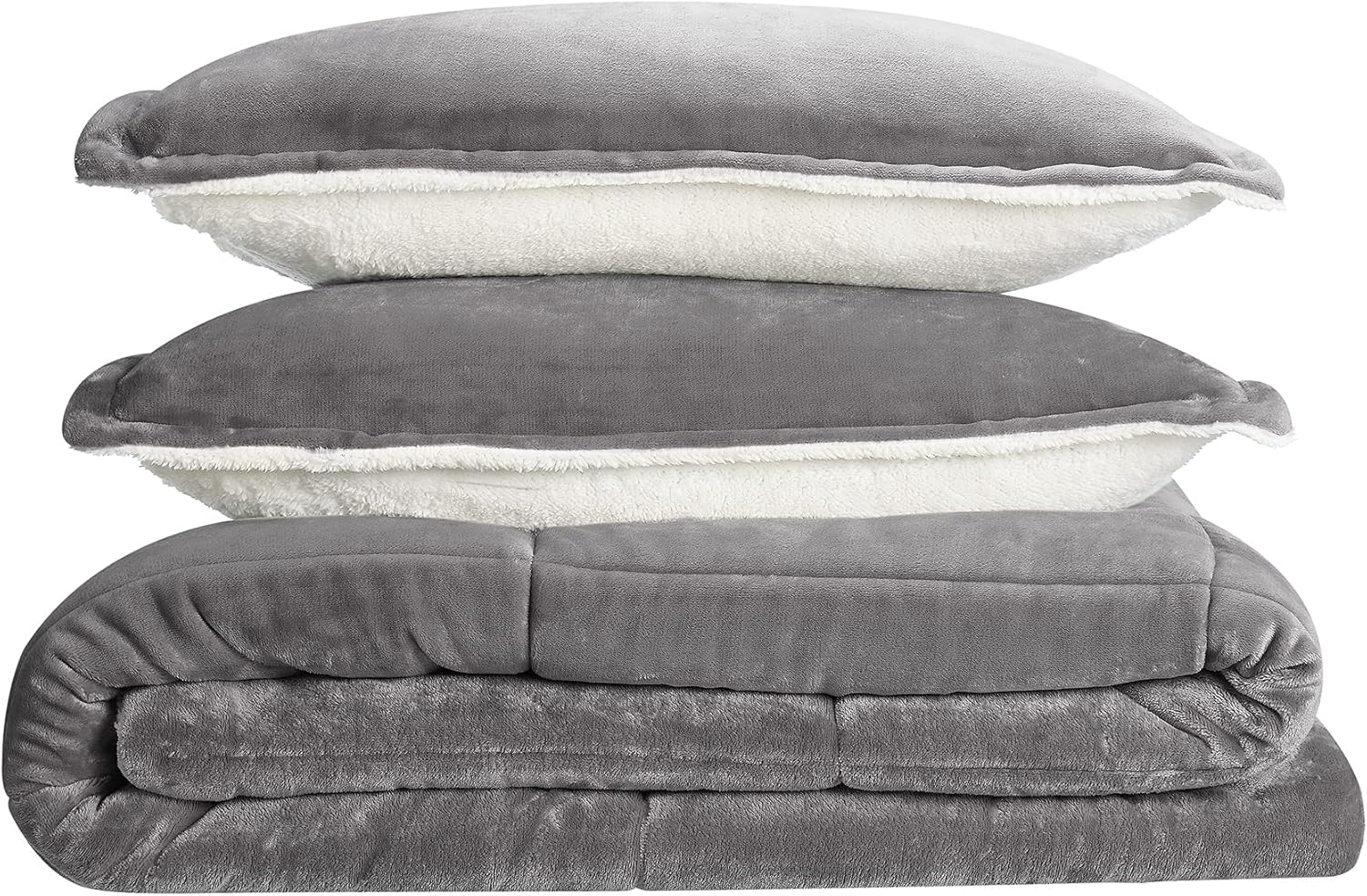 Serta Cozy Plush – Juego de edredón reversible hipoalergénico de 3 piezas, tamaño Queen, color gris