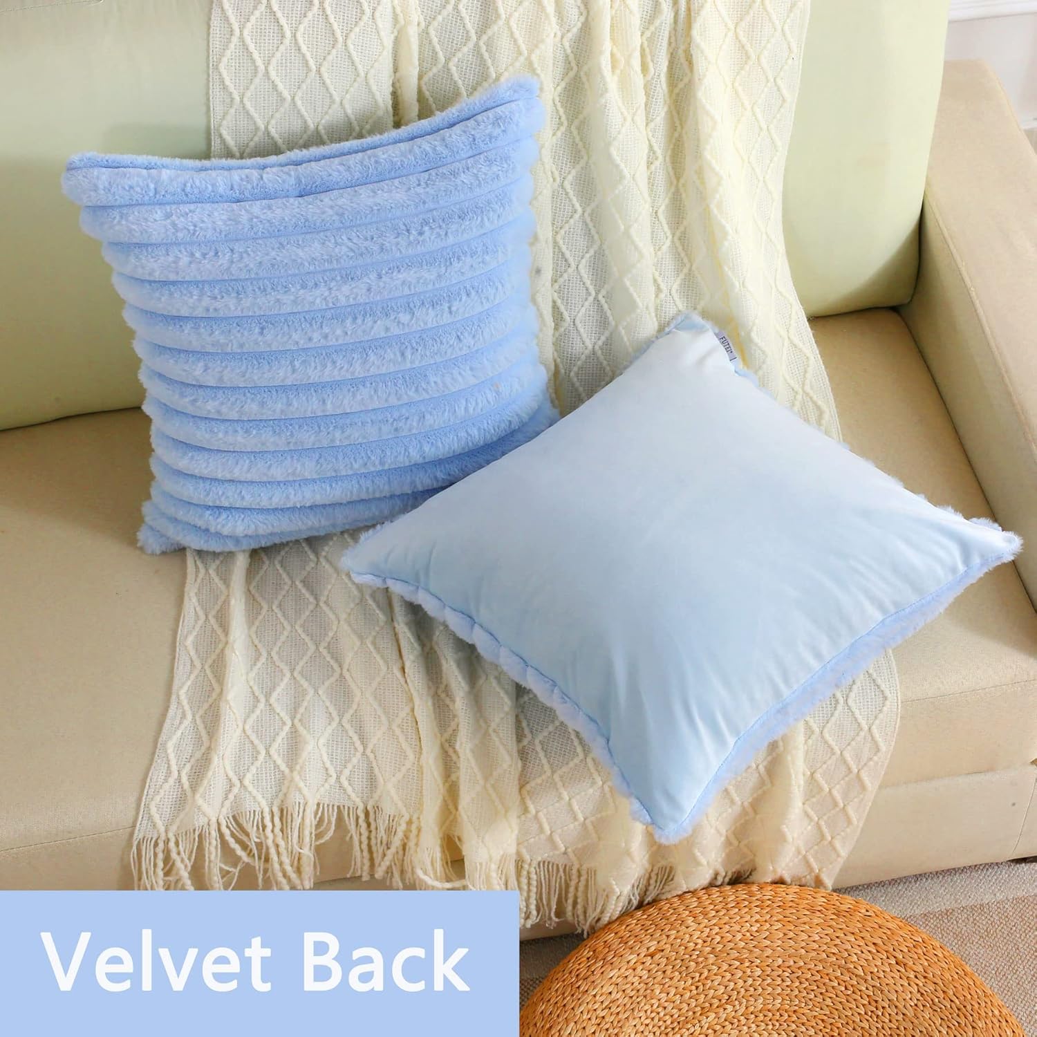FUTEI – Juego de 2 fundas de almohada decorativas con rayas de color azul claro, 26 x 26 pulgadas, cuadradas y primaverales, piel sintética de