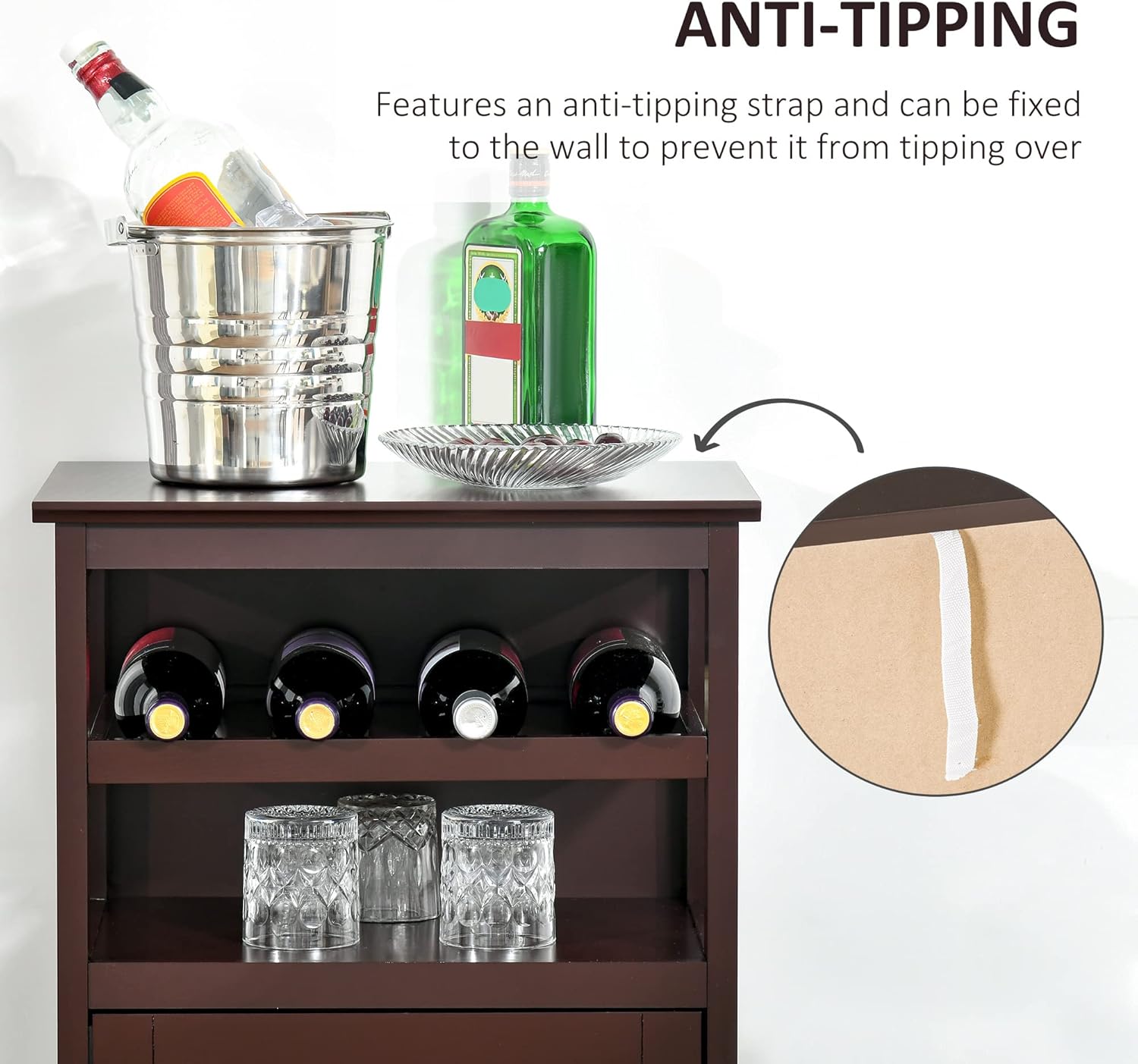 HOMCOM Gabinete de vino con estante para vino de 4 botellas, estante abierto, gabinete de puerta de acrílico con estante ajustable, espresso