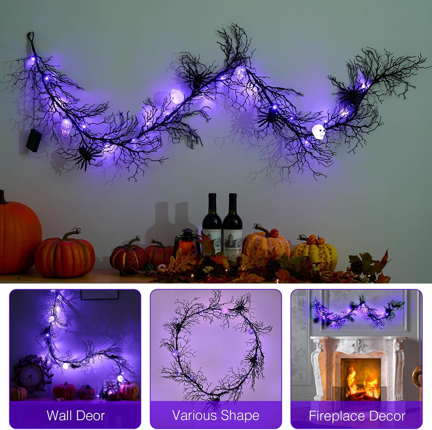 Guirnalda de Halloween para decoración de Halloween, guirnalda negra de 6 pies con temporizador, luces LED de araña, decoración de Halloween,