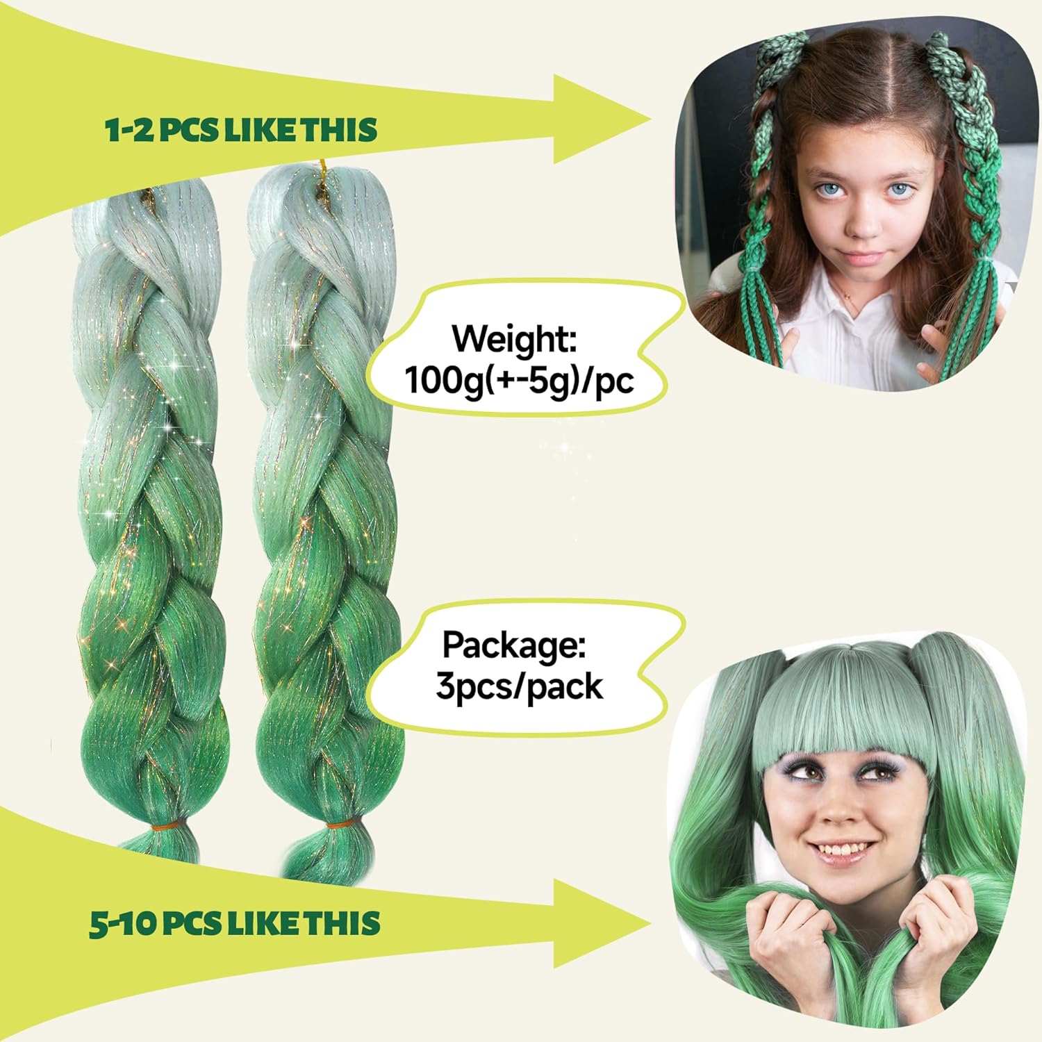 2 extensiones de cabello para trenzas, cabello trenzado ombré, extensión de cabello de oropel brillante, cabello trenzado de 24 pulgadas,