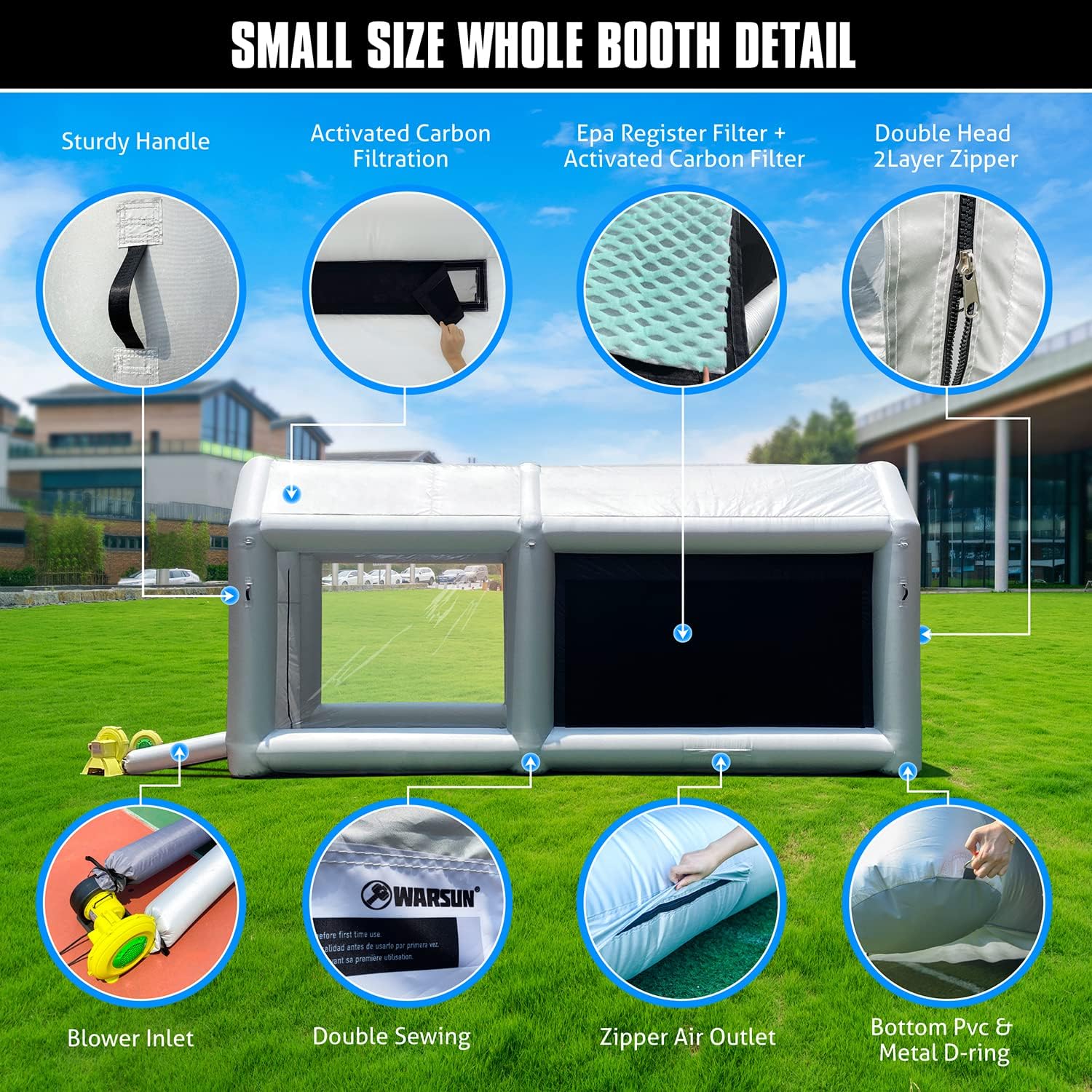 WARSUN Cabina de pintura inflable de 14 x 10 x 8.5 pies con filtros dobles y de gran tamaño y dos sopladores (480 W + 370 W) más duradera y portátil