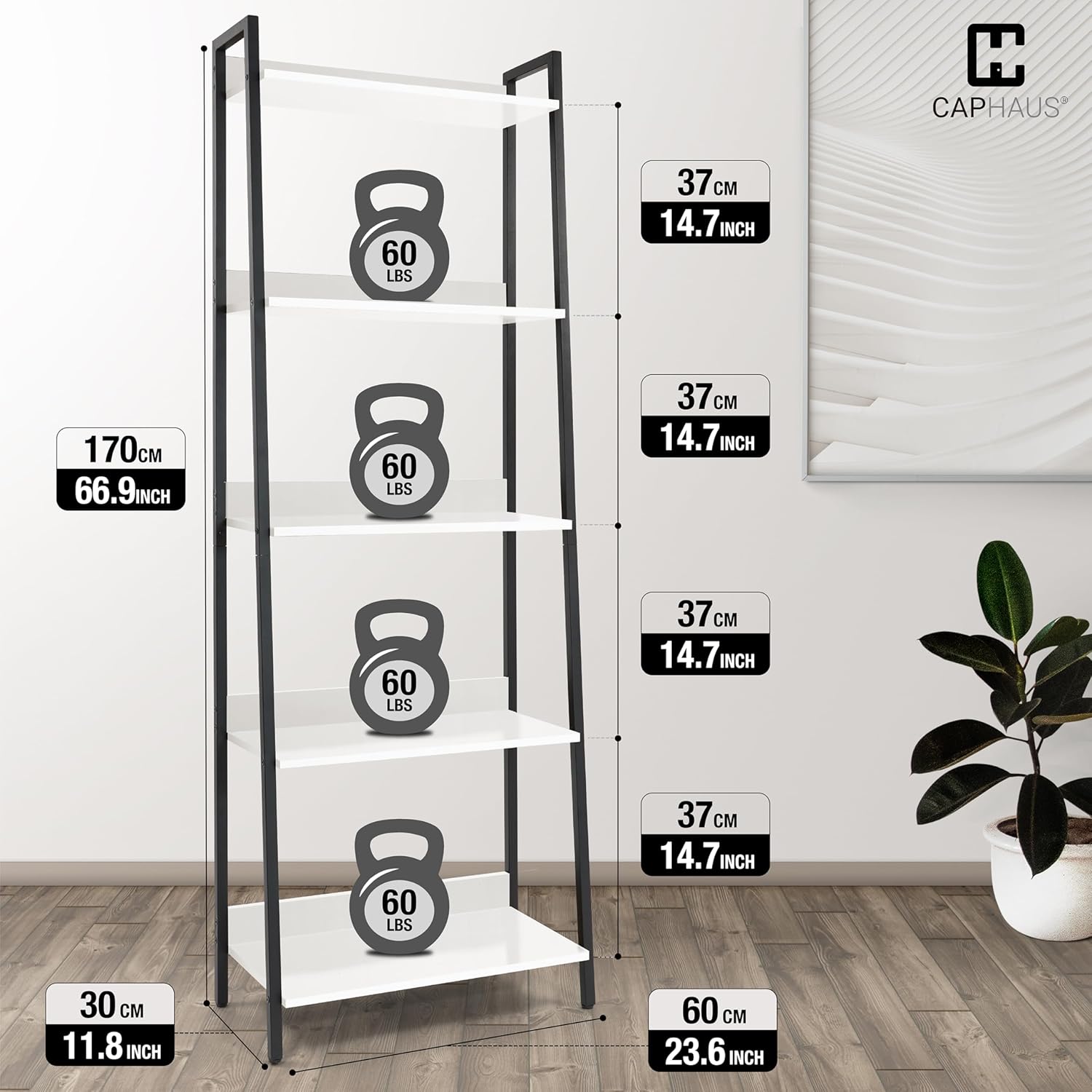 CAPHAUS Estantería con escalera de 5 niveles, estante de pie de 24 pulgadas de ancho, estante organizador de estantería, estantes industriales para