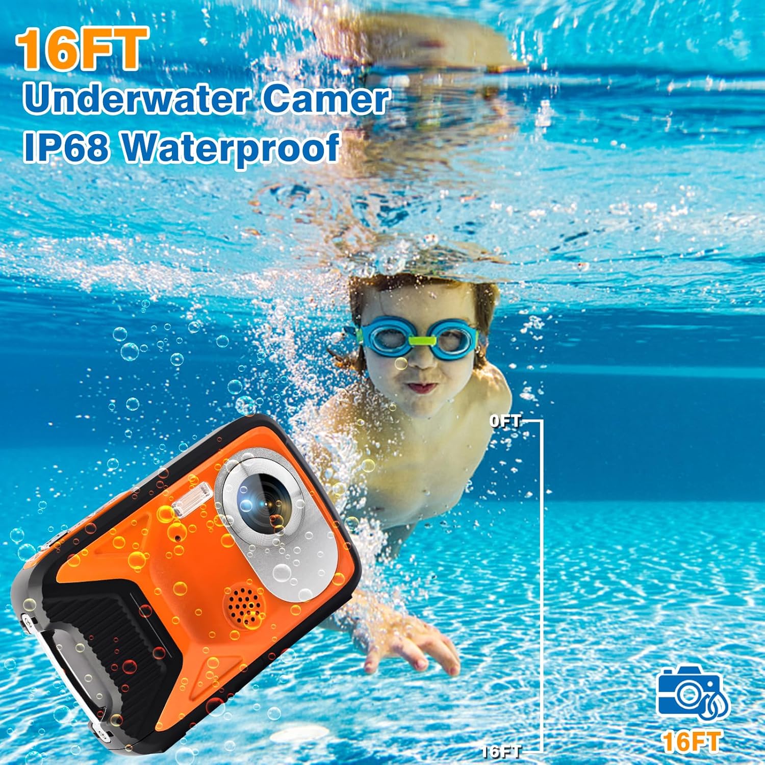 Cámara impermeable lovpo Cámara subacuática de 16 pies con tarjeta SD de 32 GB y luz de relleno, FHD 1080P 21MP cámara de apuntar y disparar para